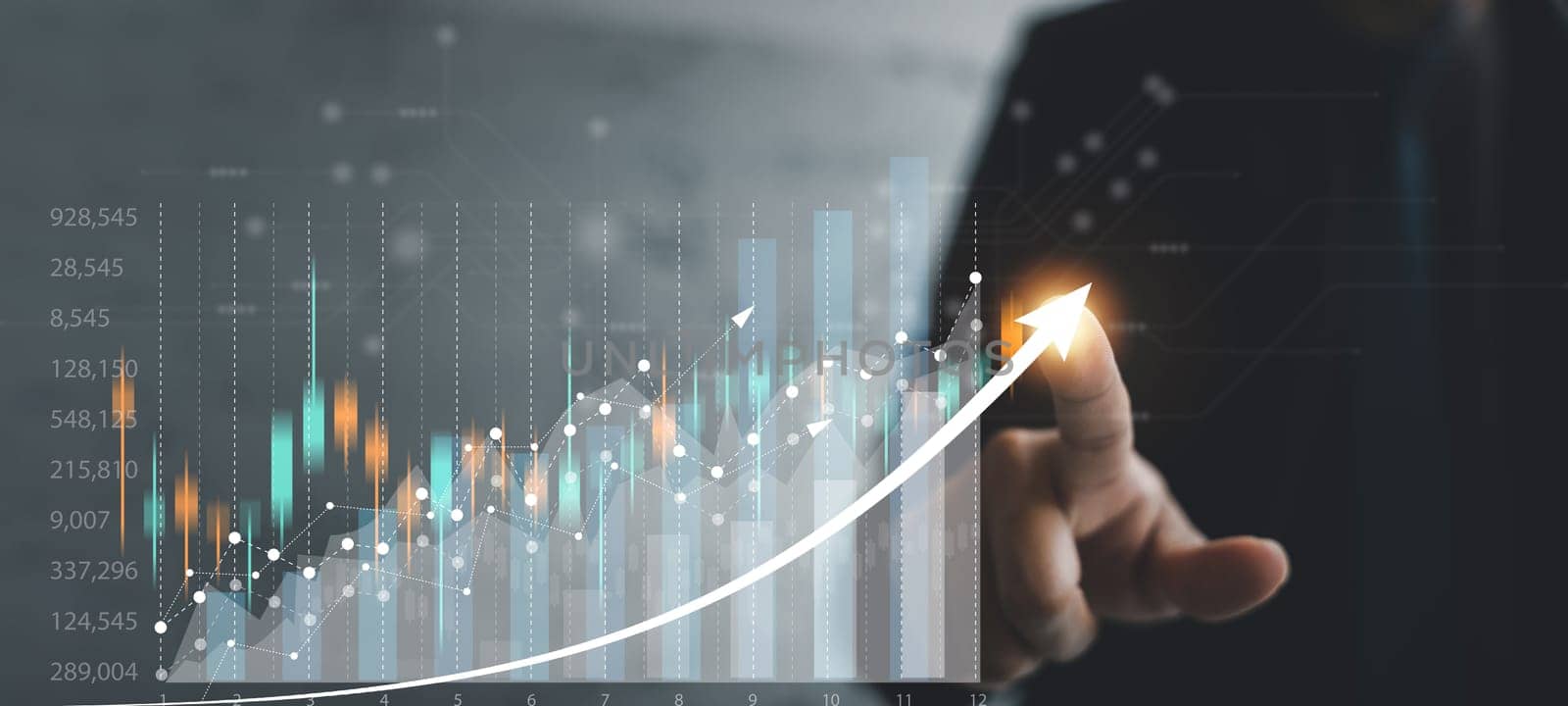 Businessman in a blurred background showcasing a virtual hologram of stock market growth on her device. Business finance technology and investment concept in progress