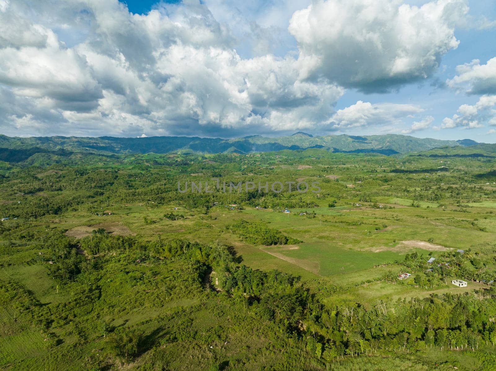 Aerial view of farmland with growing crops and sugar cane in a mountain valley. Negros, Philippines