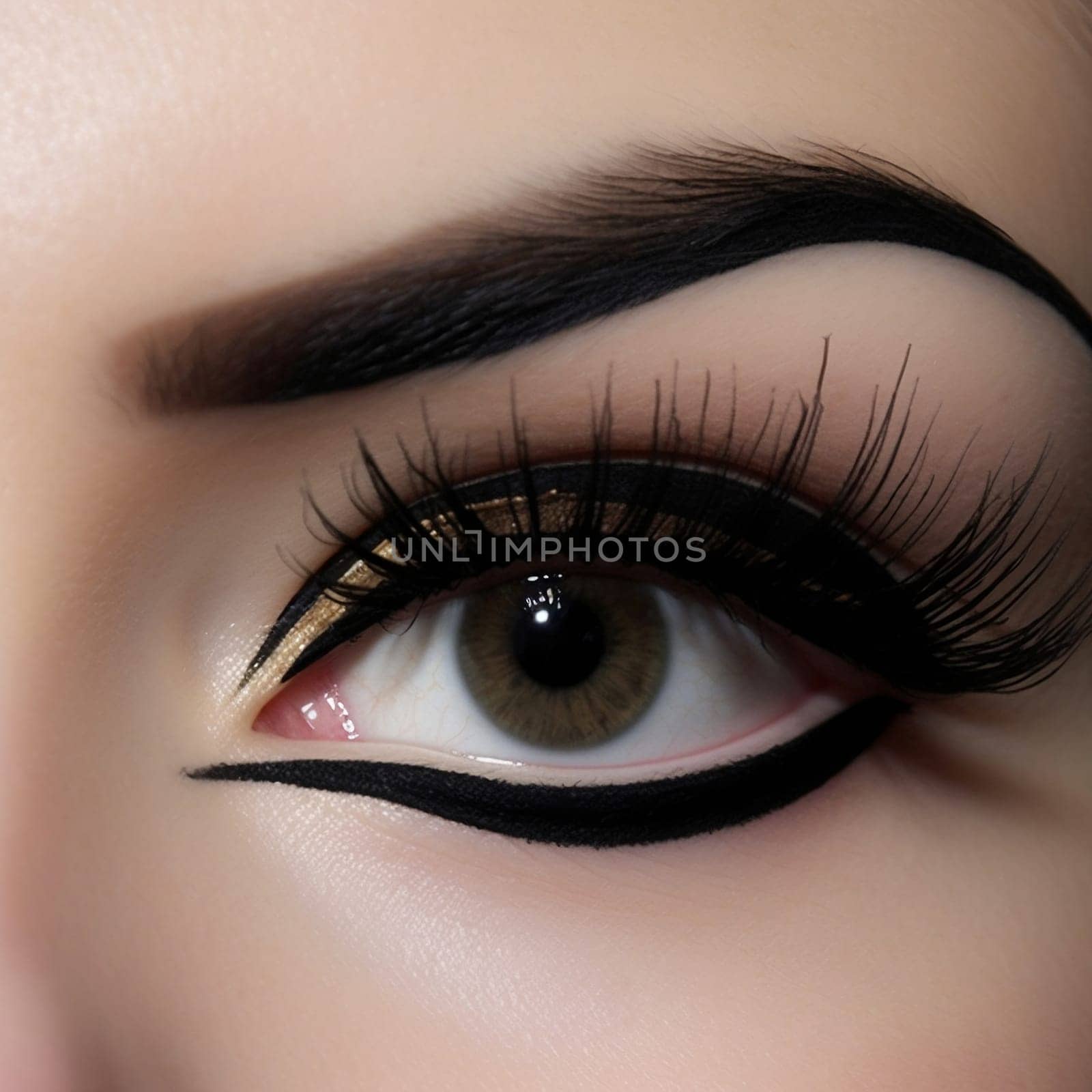 Close-up of one brown female eye and eyebrow. Rich make-up with black arrow and long eyelashes. AI generated