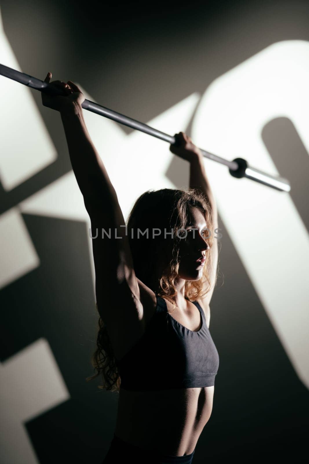 Athletic Beautiful Woman with barbell, Bodybuilding Gym Training Routine