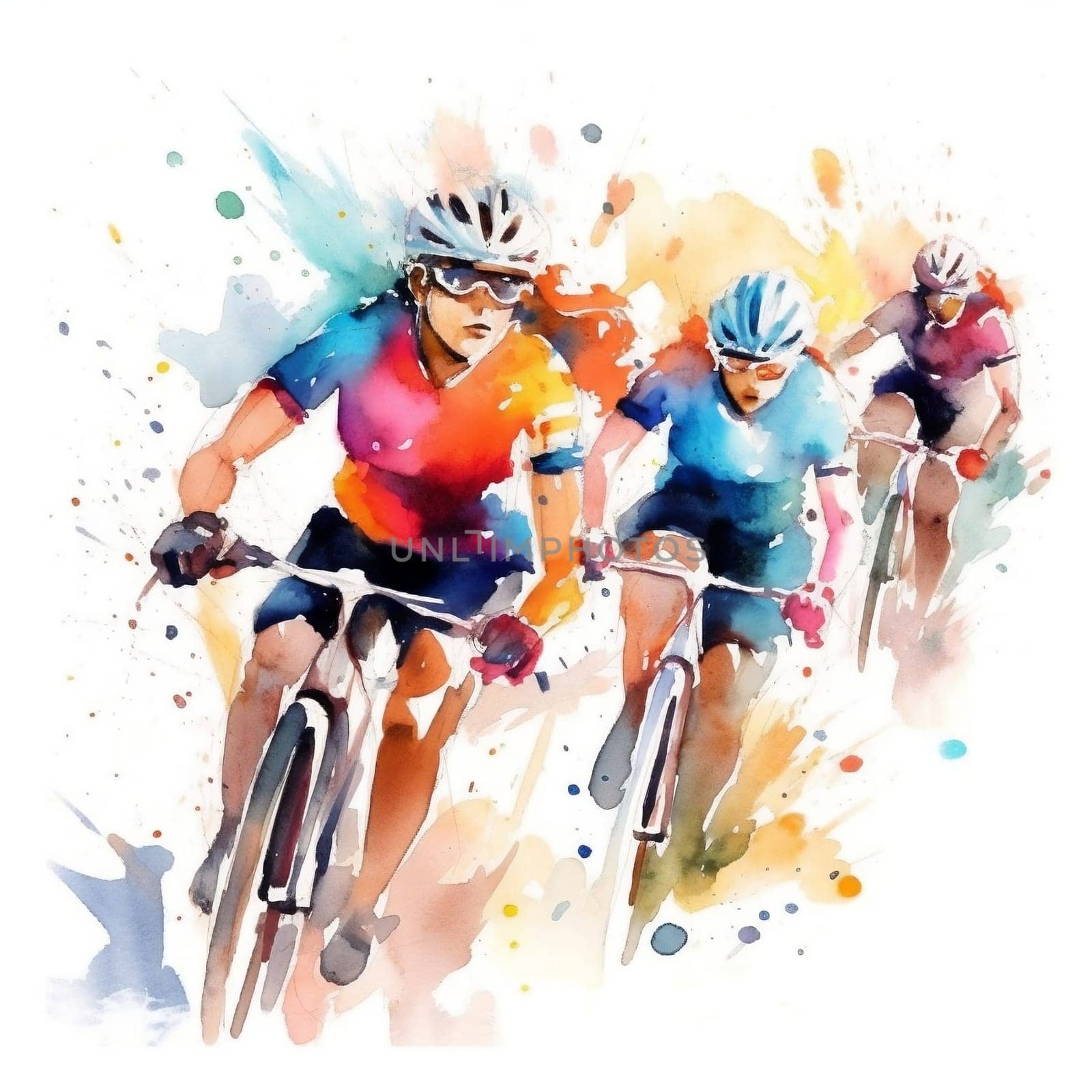 Watercolor illustration with a splashes and streaks of paint: cyclists ride. AI