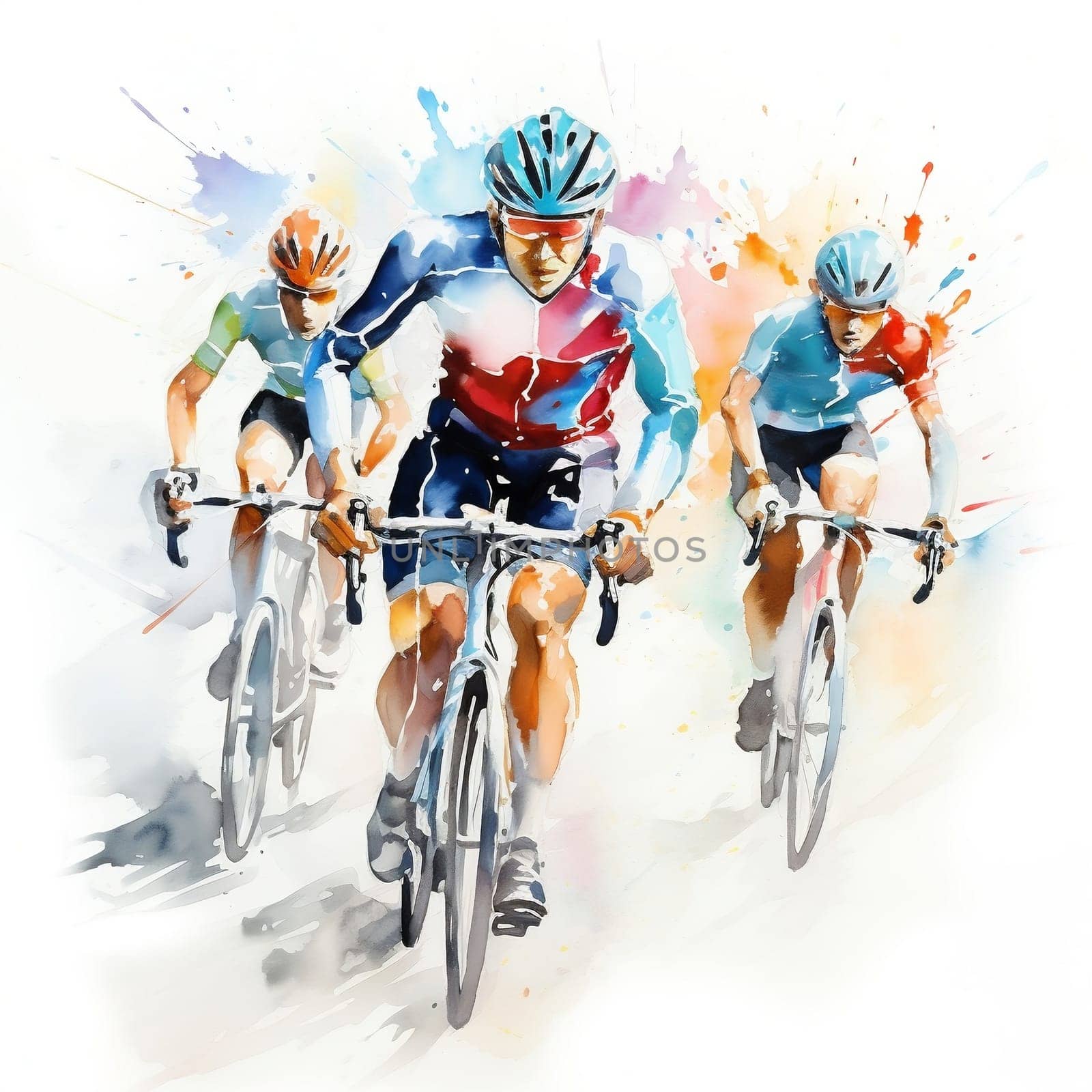 Watercolor illustration with a splashes and streaks of paint: cyclists ride. AI