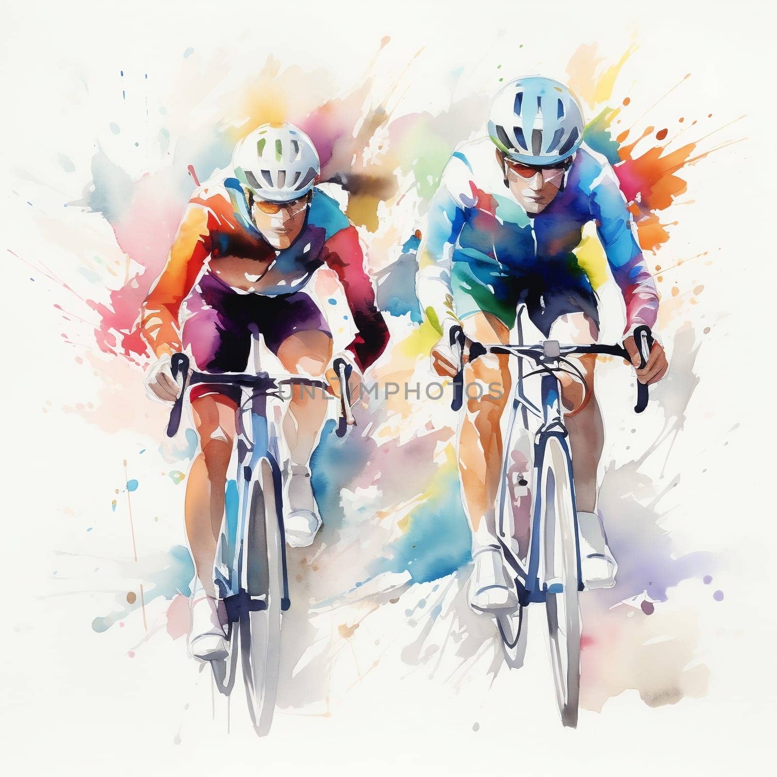 Watercolor illustration with a splashes and streaks of paint: cyclists ride. AI