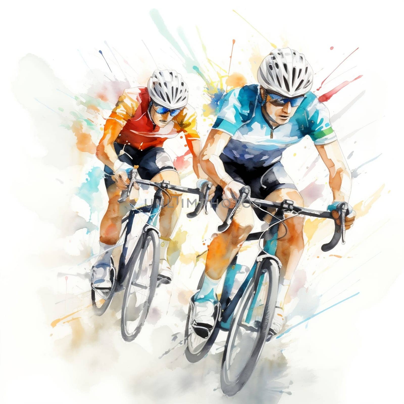 Watercolor illustration with splashes and streaks of paint: cyclists ride. AI by maclura