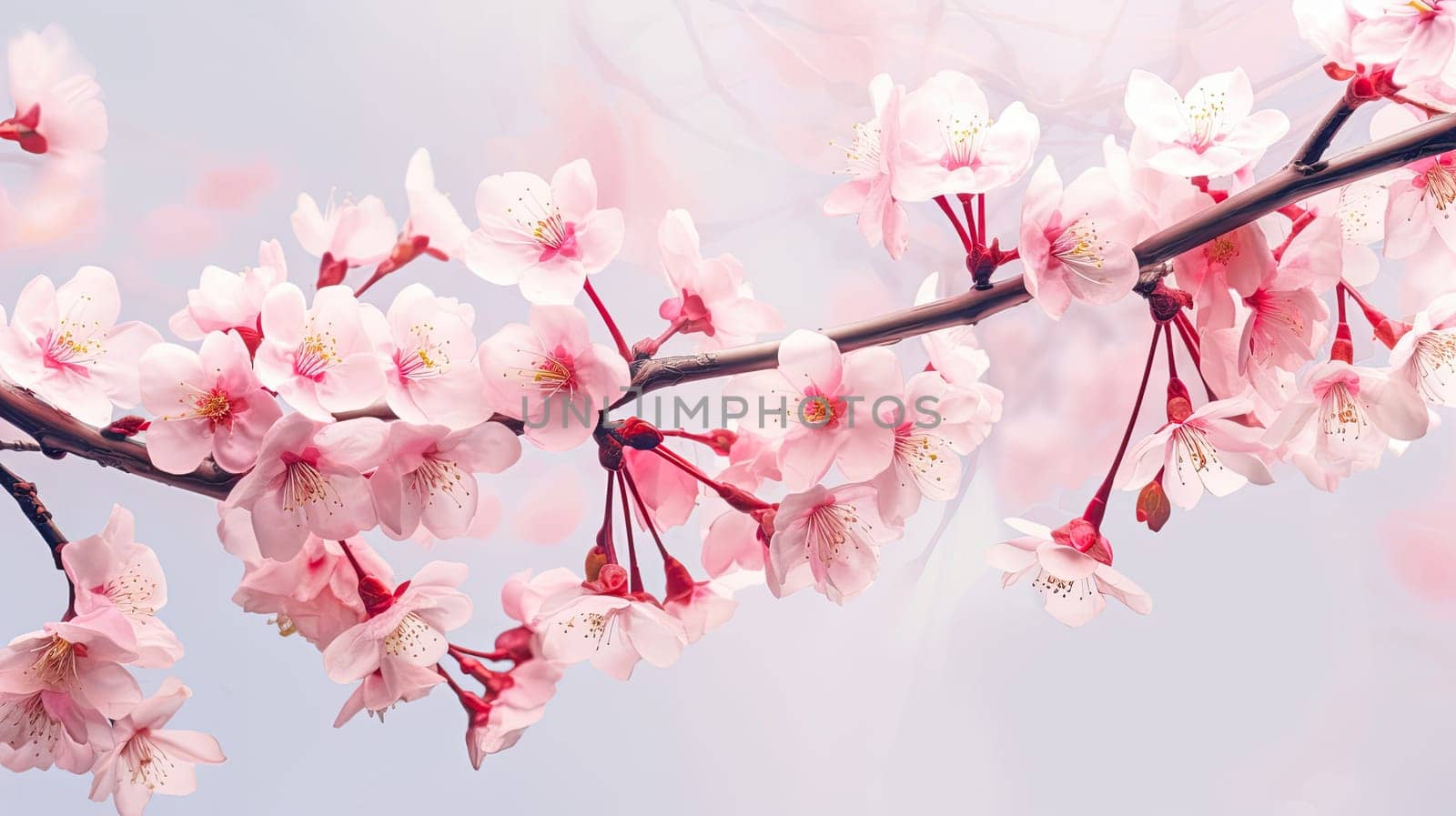 Cherry blossom photo realistic illustration - Generative AI. Pink, flowers, leaf, branch.