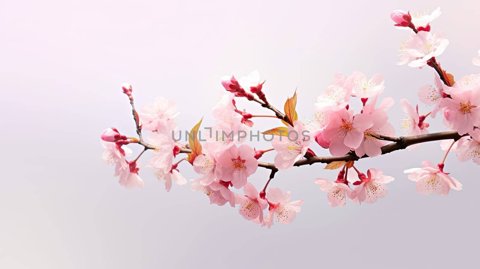 Cherry blossom photo realistic illustration - Generative AI. Pink, flowers, leaf, branch.