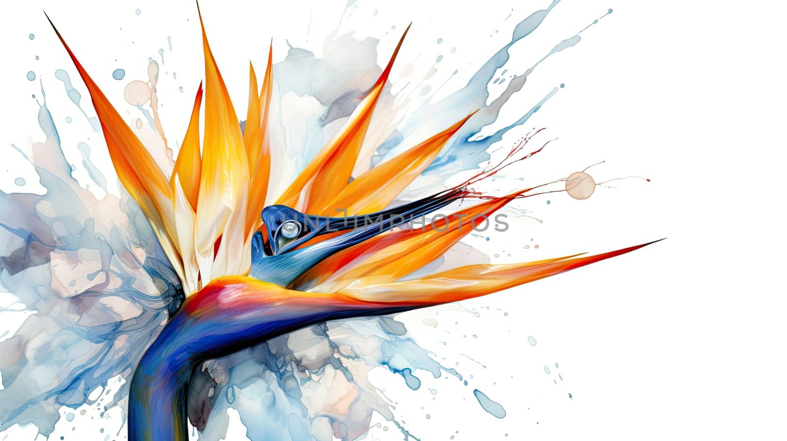 Exotic bird of paradise flowers watercolor illustration - Generative AI. Colorful, flower, petals, bird.