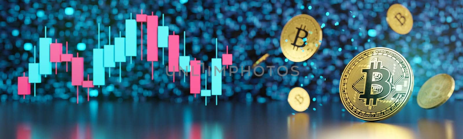 Crypto trading. Trade cryptocurrencies, digital currency. Bitcoin with traiding graph charts, candlesticks. Mining or block chain technology. Profit opportunity, investing. Online, network money. 3D. by creativebird