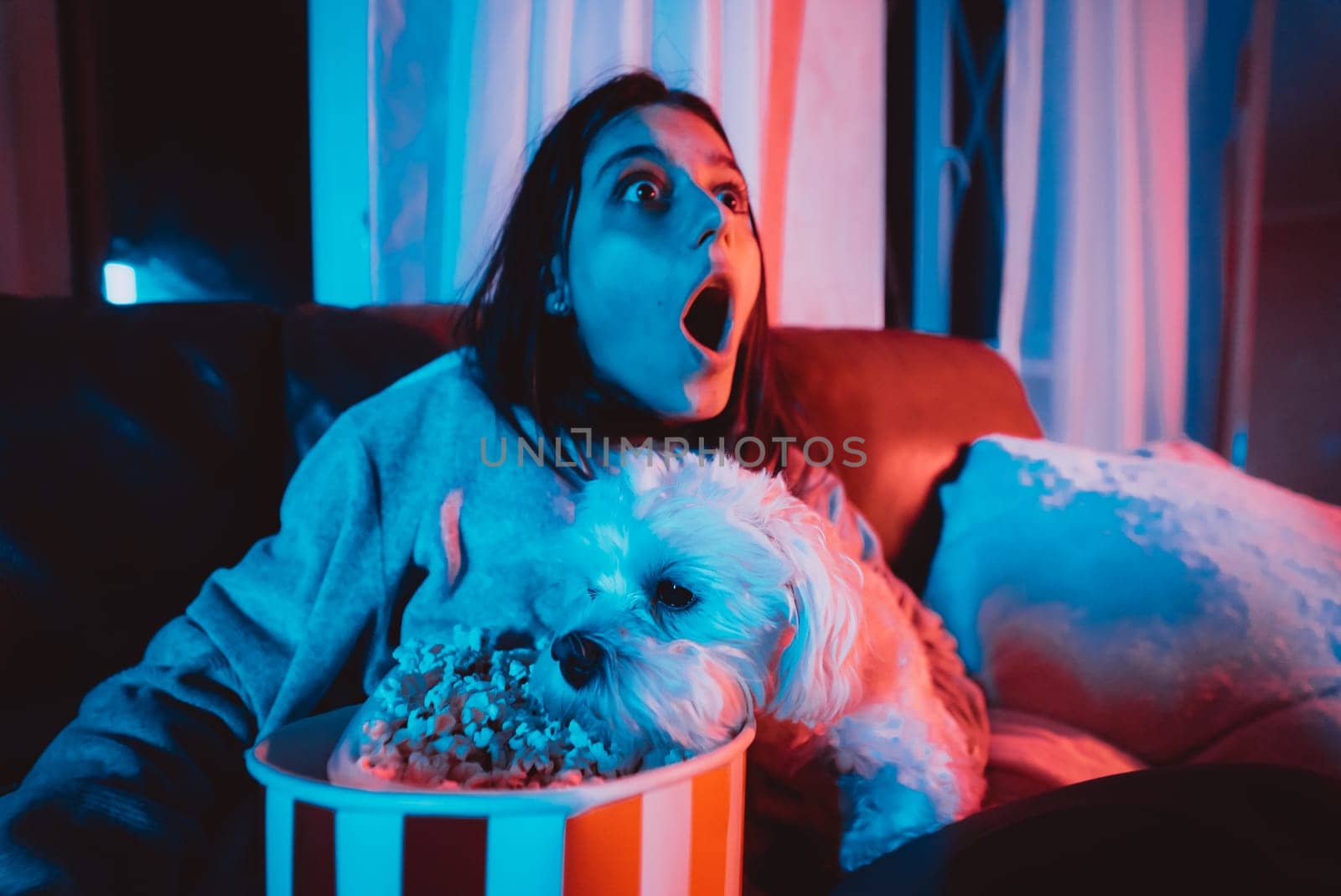 Close up portrait of Beautiful young girl at home in a dark room with a popcorn bucket playing with her dog and sits in front of a monitor or TV watching movie. Crazy emotions. High quality photo