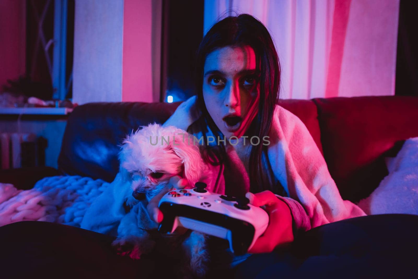 Close up portrait of A gamer or a streamer girl at home in a dark room with a game controller playing with her dog and sits in front of a monitor or TV. Crazy emotions. High quality photo