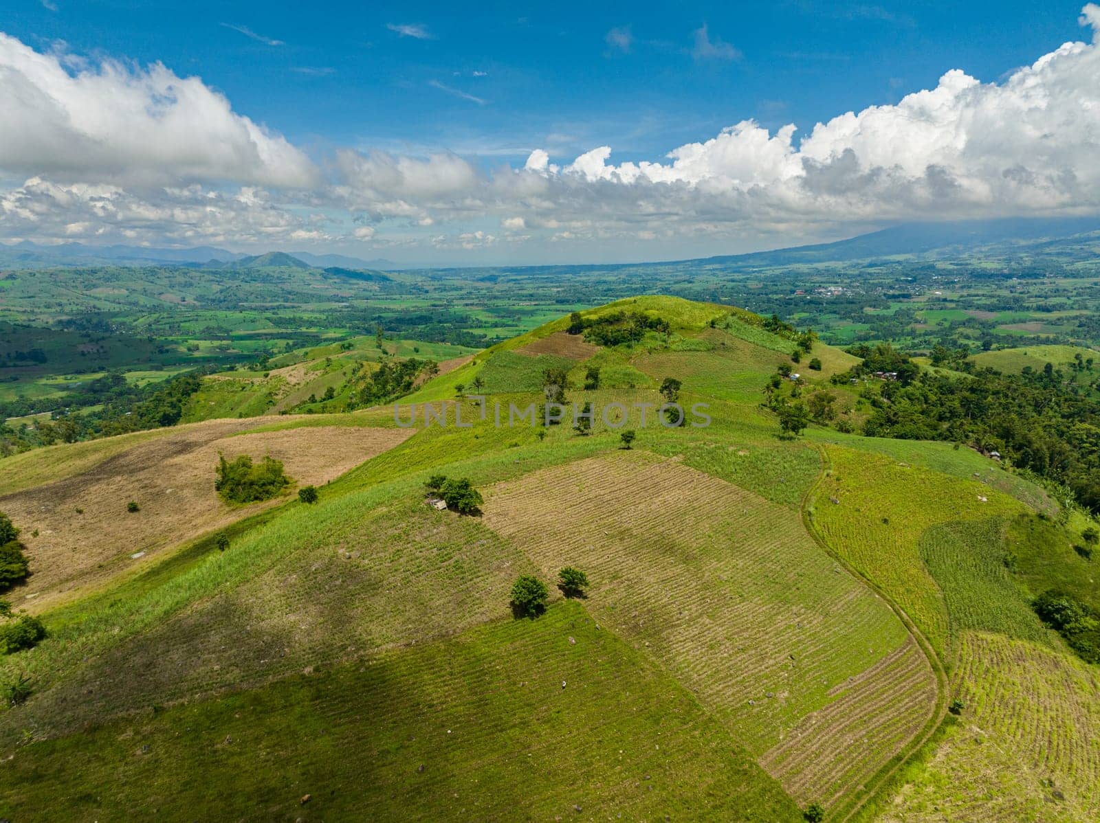 Top view of rice plantations and farmland of farmers in a mountain valley. Negros, Philippines
