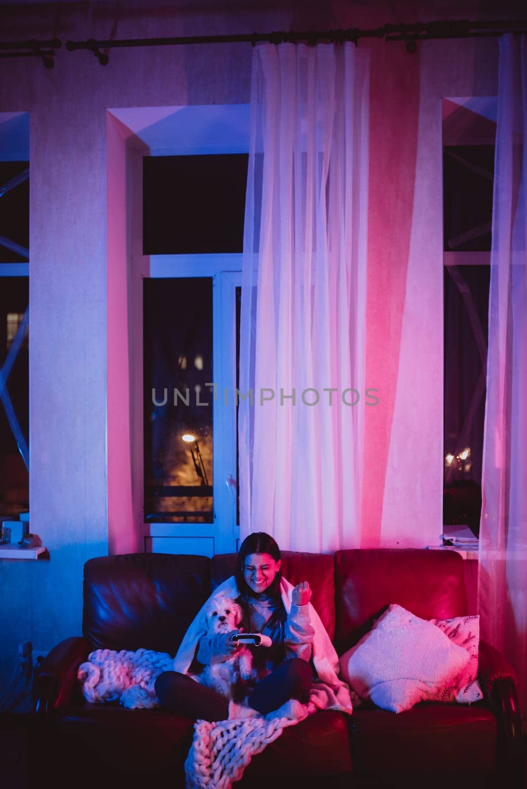 Beautiful young girl watching movie at home in a dark room with a popcorn bucket and playing with her dog and sits in front of a monitor or TV watching movie. Crazy emotions. High quality photo