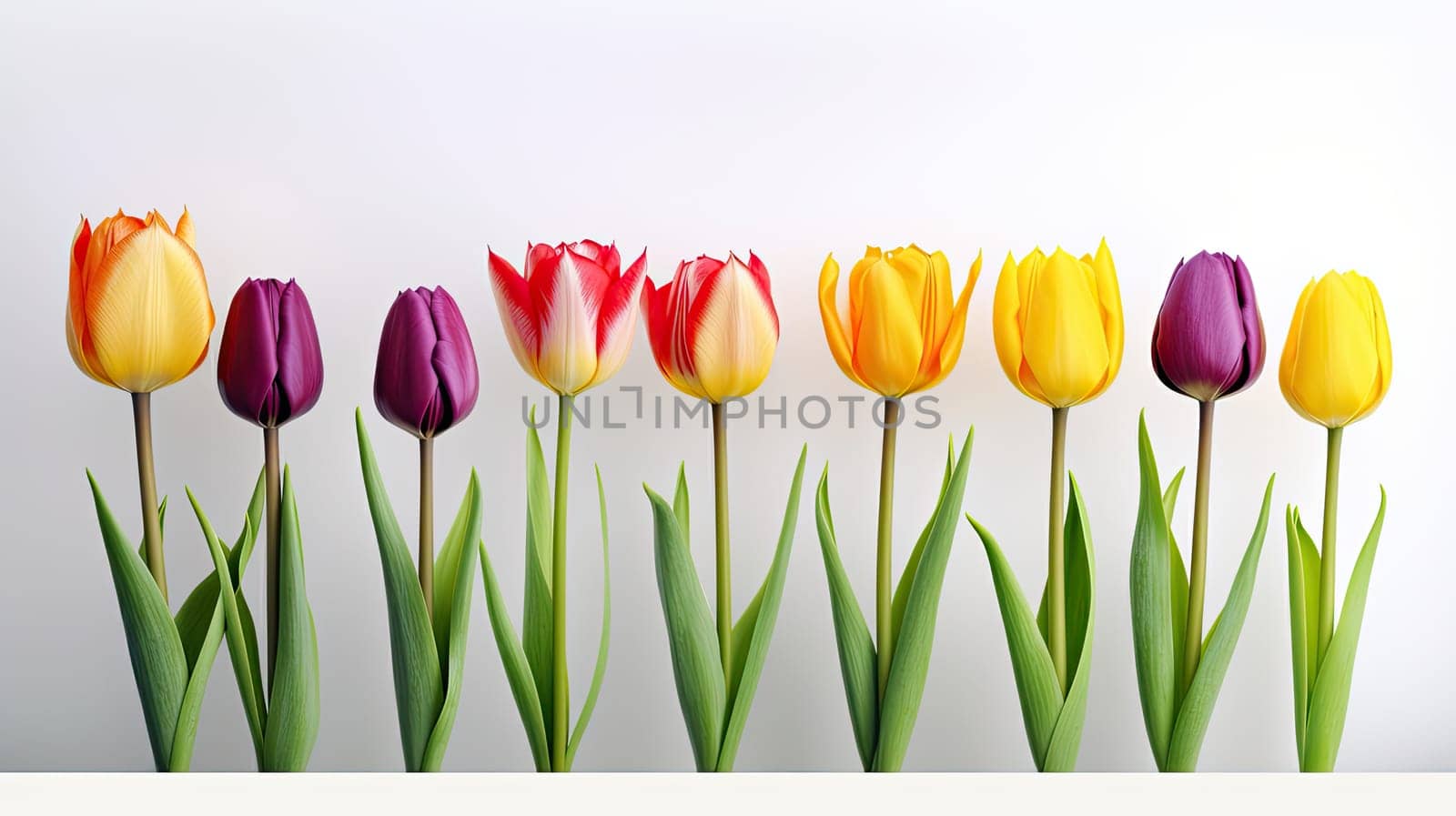 Vibrant tulips photo realistic illustration - Generative AI. Colorful, flower, tulips, stem, leaves.
