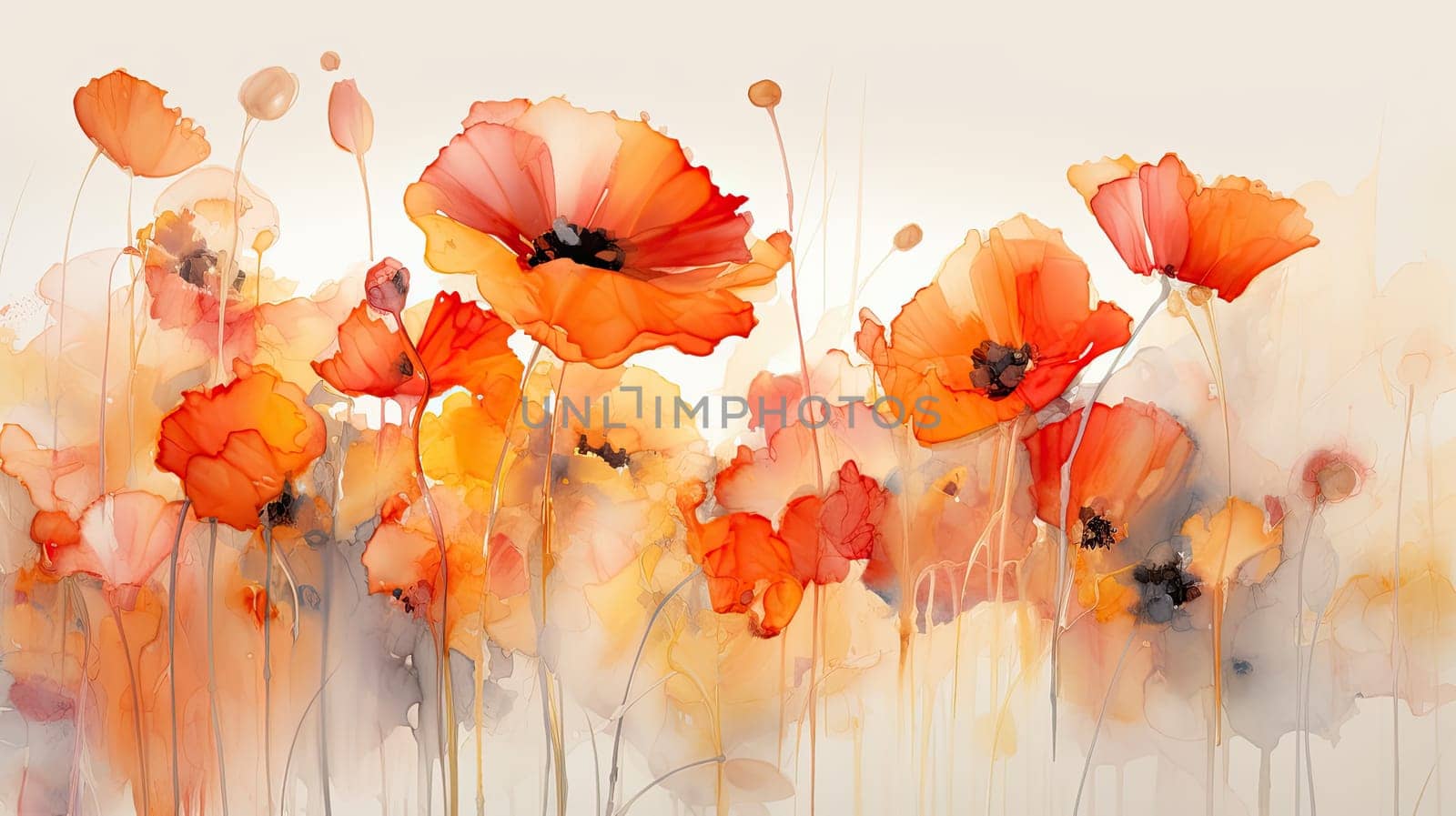 Whimsical poppies photo realistic illustration - Generative AI. Red, flower, poppies, stem.