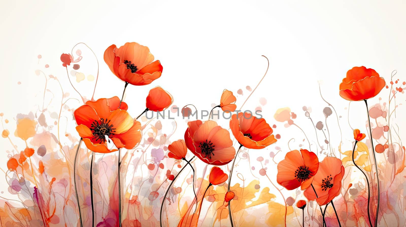Whimsical poppies photo realistic illustration - Generative AI. Red, flower, poppies, stem.
