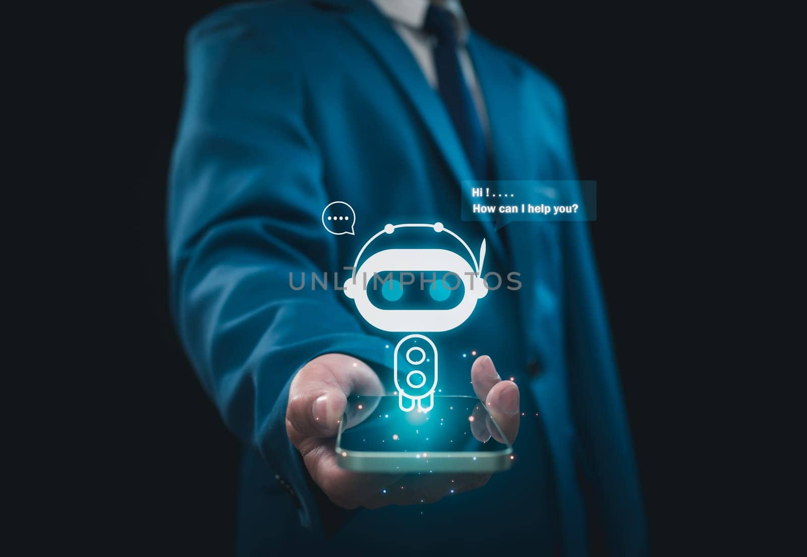 Businessman holding hologram digital chatbot, robot application, conversation assistant, AI Artificial Intelligence concept, digital chatbot on virtual screen.Technology concept.