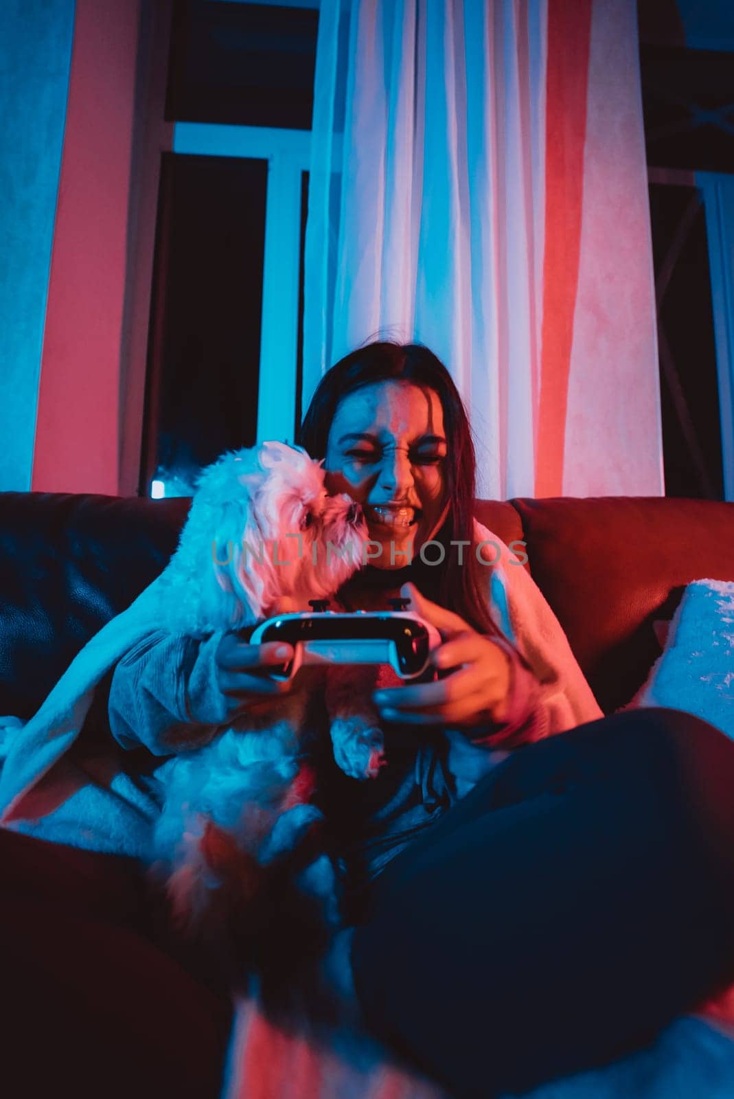 A gamer or a streamer girl at home in a dark room with a game controller playing with her dog and sits in front of a monitor or TV. High quality photo