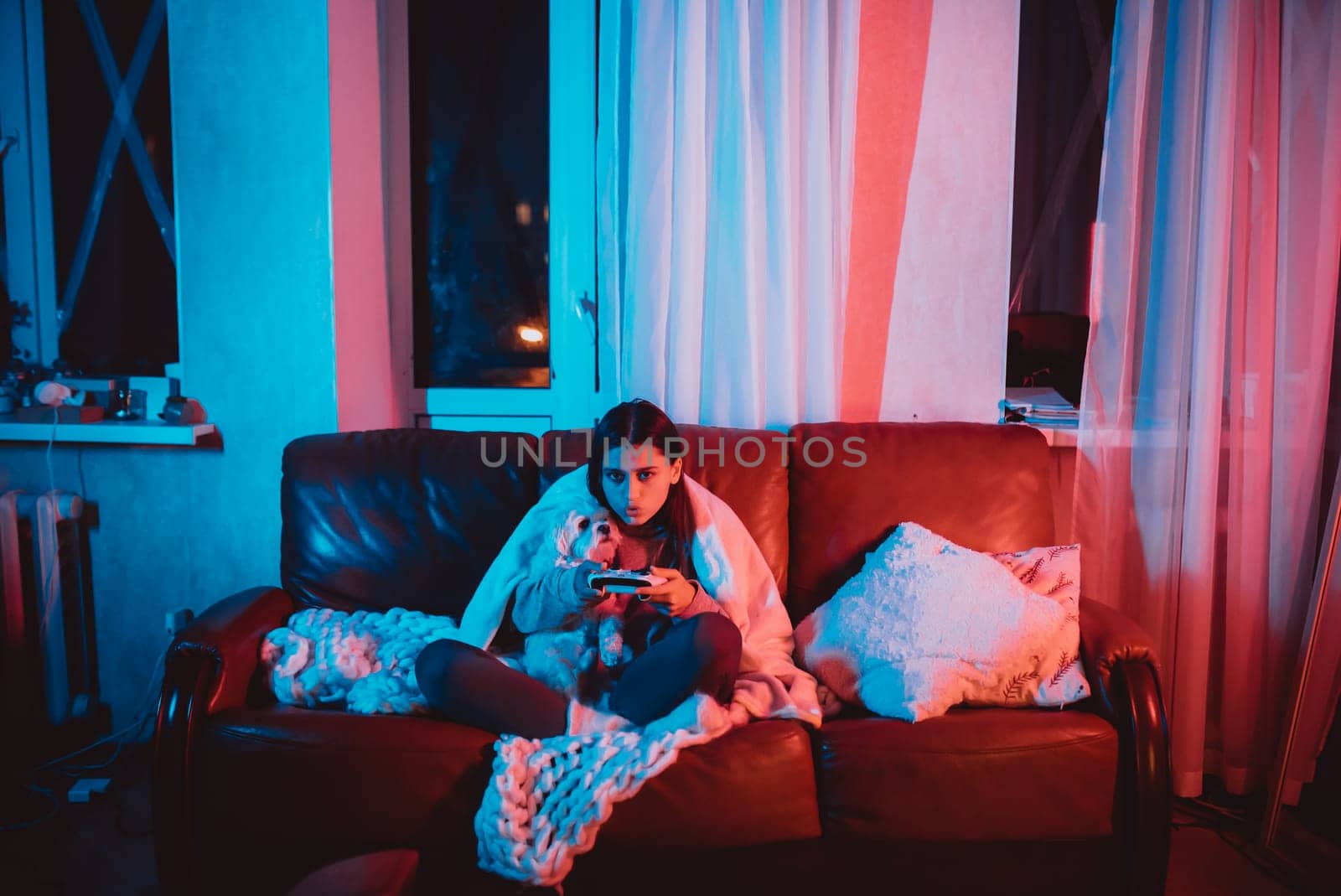 A gamer or a streamer girl at home in a dark room with a game controller playing with her dog and sits in front of a monitor or TV. High quality photo