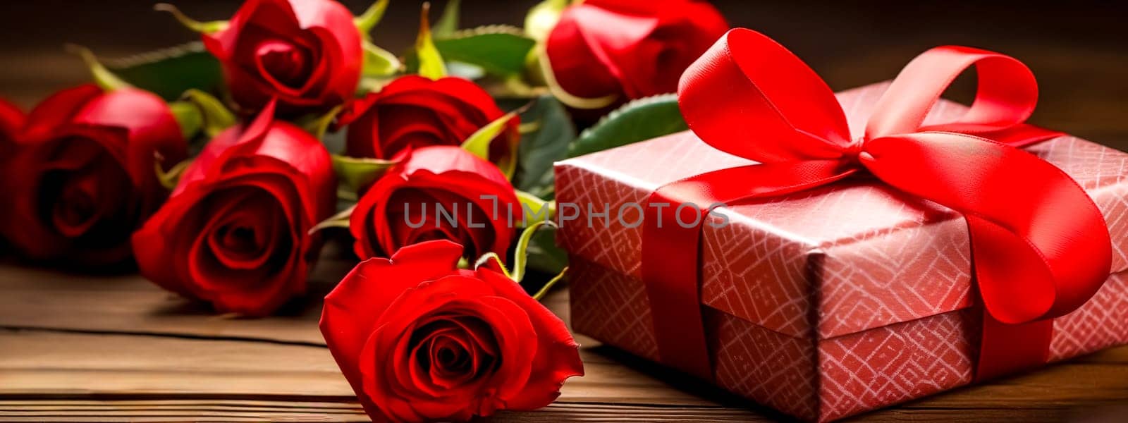 Mother's day, Valentine's day, birthday surprises, a gift box and a bag of red roses, banner made with Generative AI. High quality illustration