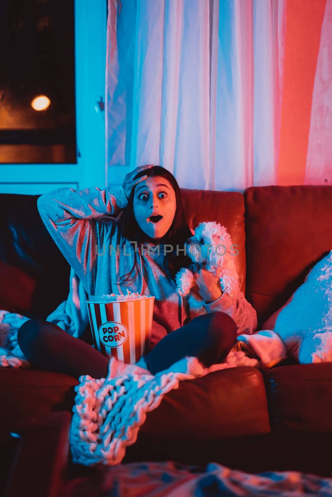 Beautiful young girl watching movie at home in a dark room with a popcorn bucket and playing with her dog and sits in front of a monitor or TV watching movie. Crazy emotions. High quality photo