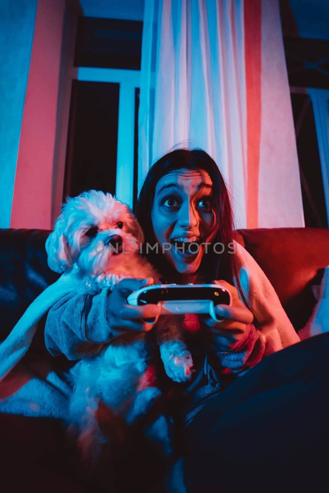 A gamer or a streamer girl at home in a dark room with a game controller playing with her dog and sits in front of a monitor or TV. High quality photo