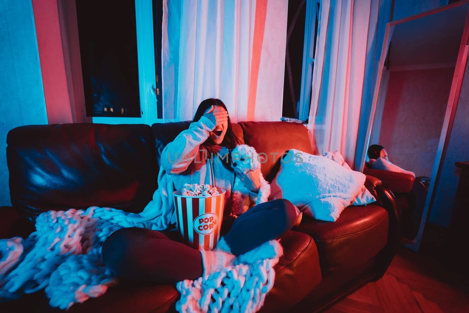 Beautiful young girl hides her eyes watching movie at home in a dark room with a popcorn bucket playing with her dog and sits in front of a monitor or TV watching movie. Crazy emotions. High quality photo