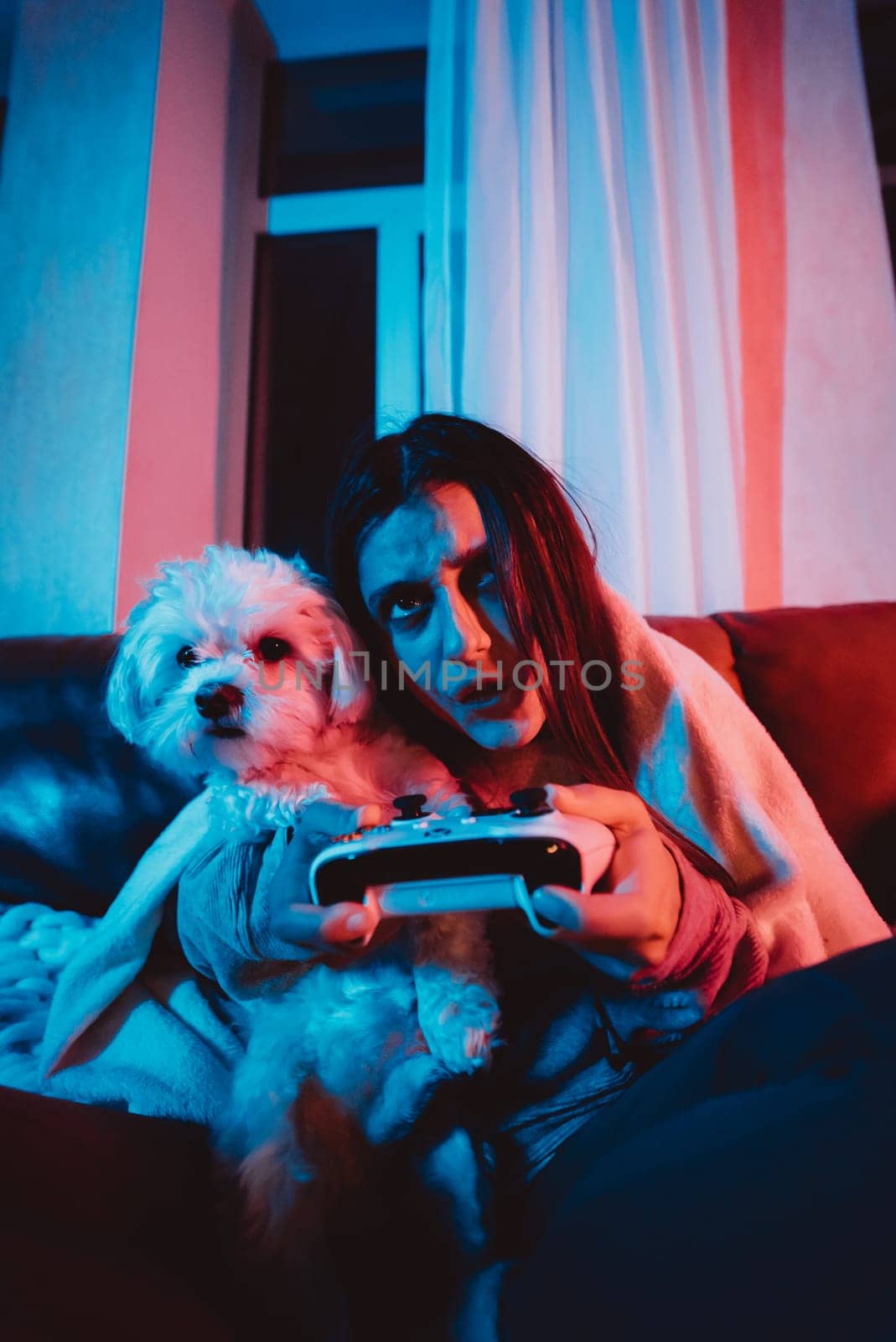 Close up portrait of A gamer or a streamer girl at home in a dark room with a game controller playing with her dog and sits in front of a monitor or TV. High quality photo