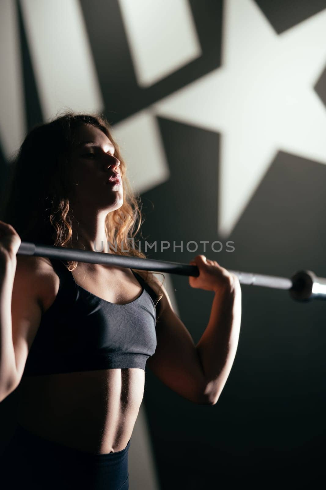 Athletic Beautiful Woman with barbell, Bodybuilding Gym Training Routine