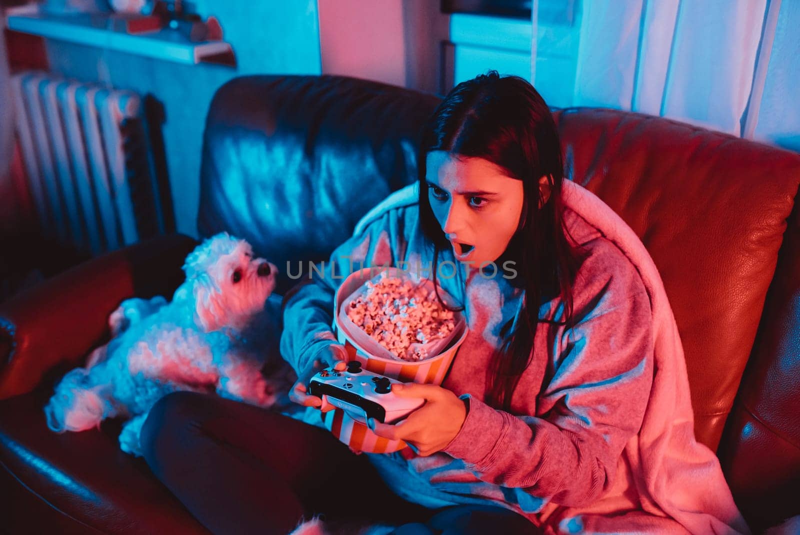 A gamer or a streamer girl at home in a dark room with a game controller and popcorn bucket playing with her dog and sits in front of a monitor or TV. High quality photo