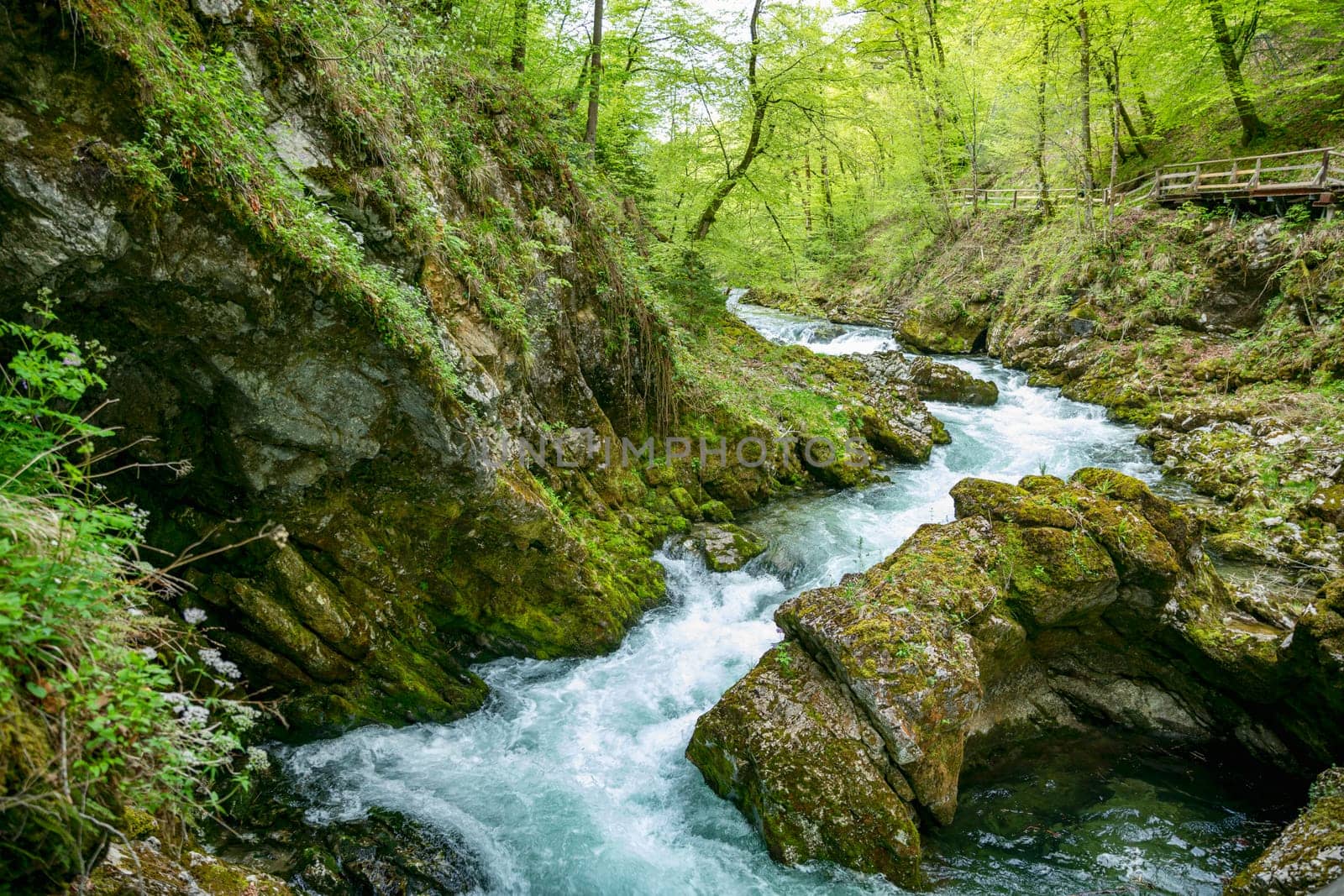 Vintgar gorge waterfall in Slovenia, Triglav national park. Pure fresh water in beautiful nature and forest. Tourist paths near waterfalls