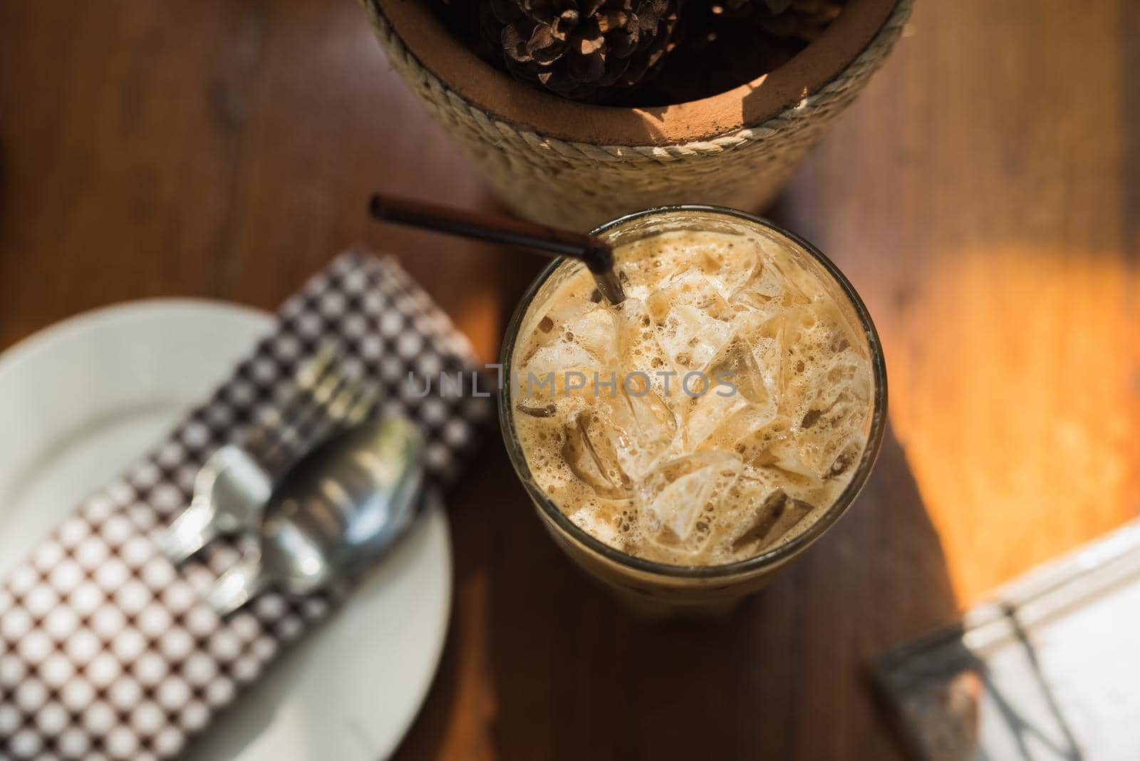 Close up coffee on wood table