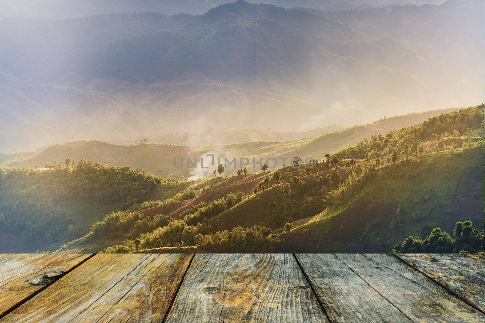 wooden terrace and mountains