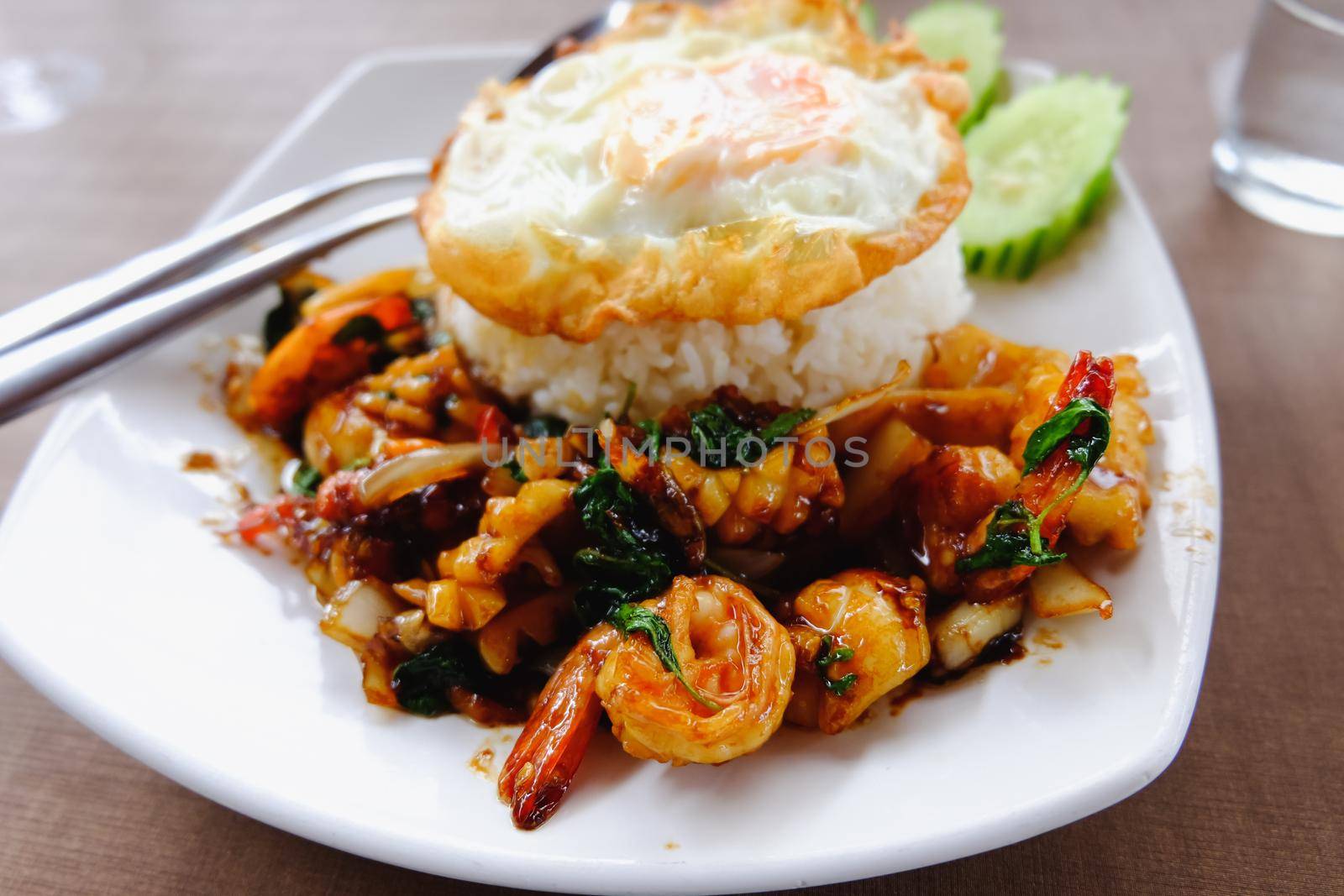 Thai spicy food basil shrimp fried rice recipe (Krapao Goong) by Wmpix