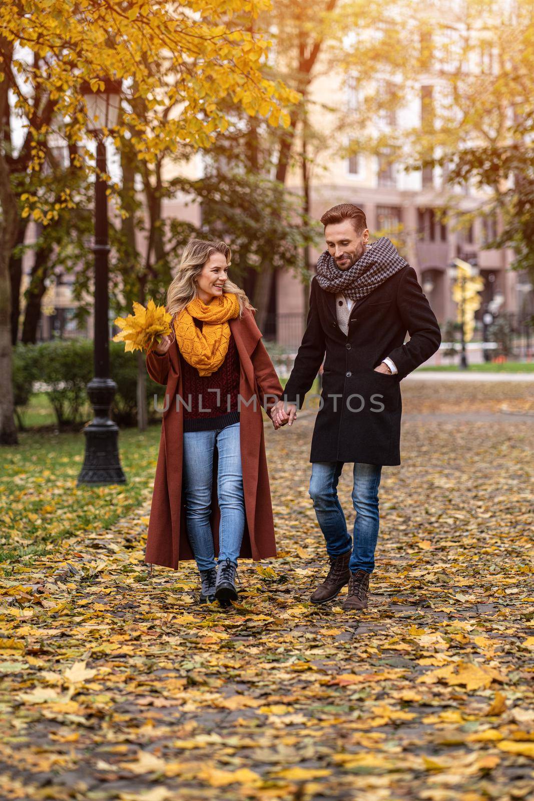 In love couple holding hands walking in the golden autumn park. Outdoor shot of a young couple in love walking along a path through a autumn park. Autumn toned image by LipikStockMedia