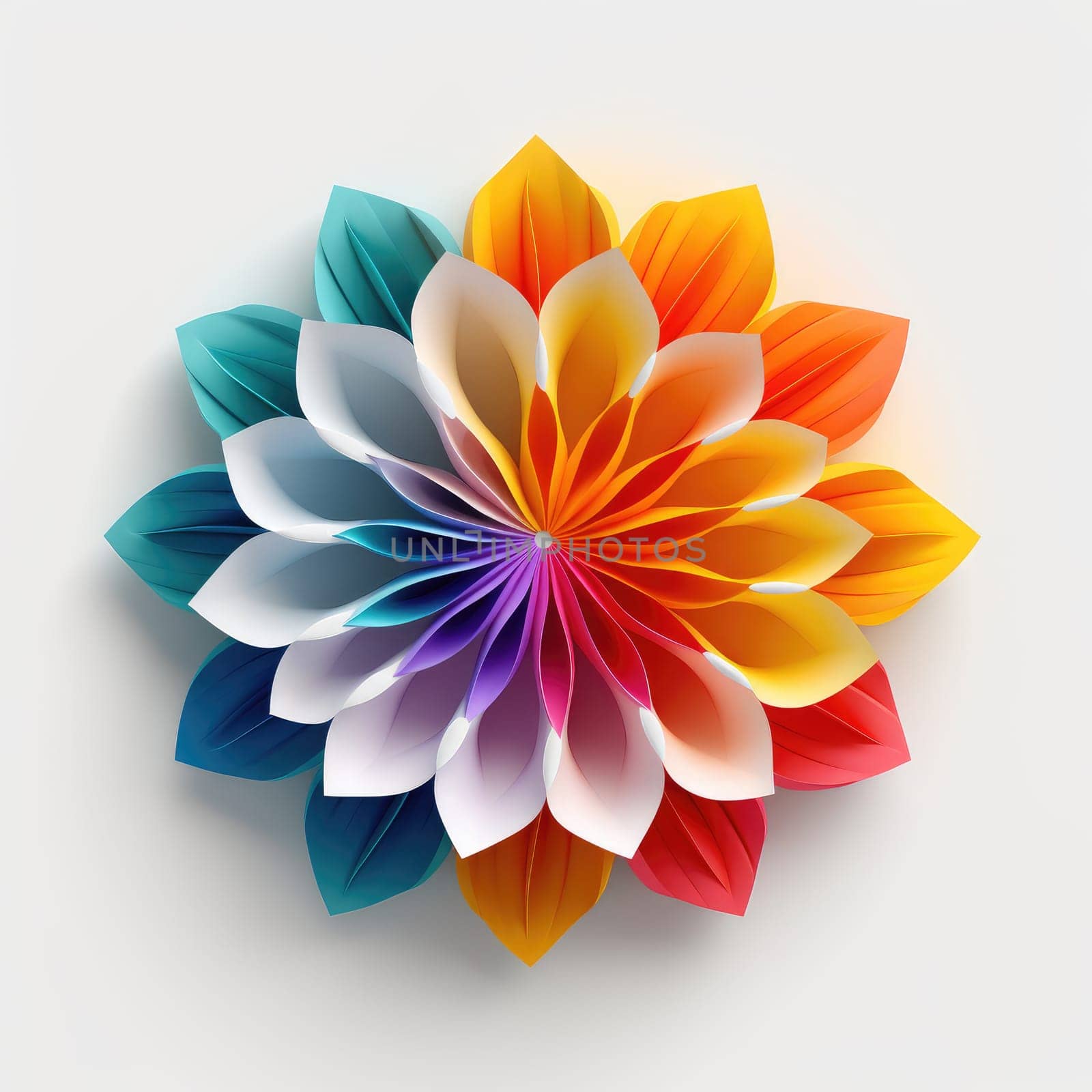 Colorful paper flower head isolated on white, AI Generated by Desperada