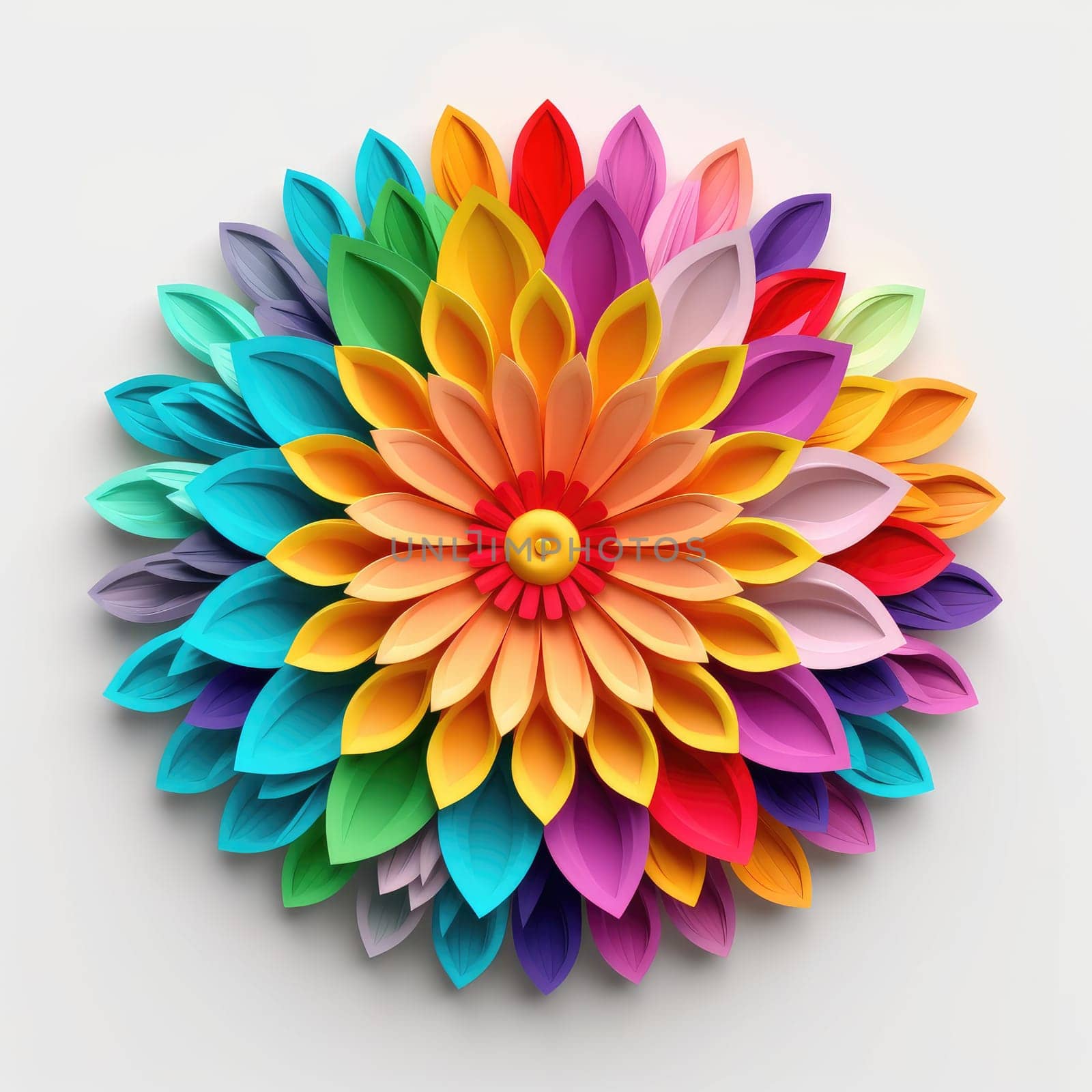 Colorful paper flower head isolated on white, AI Generated by Desperada