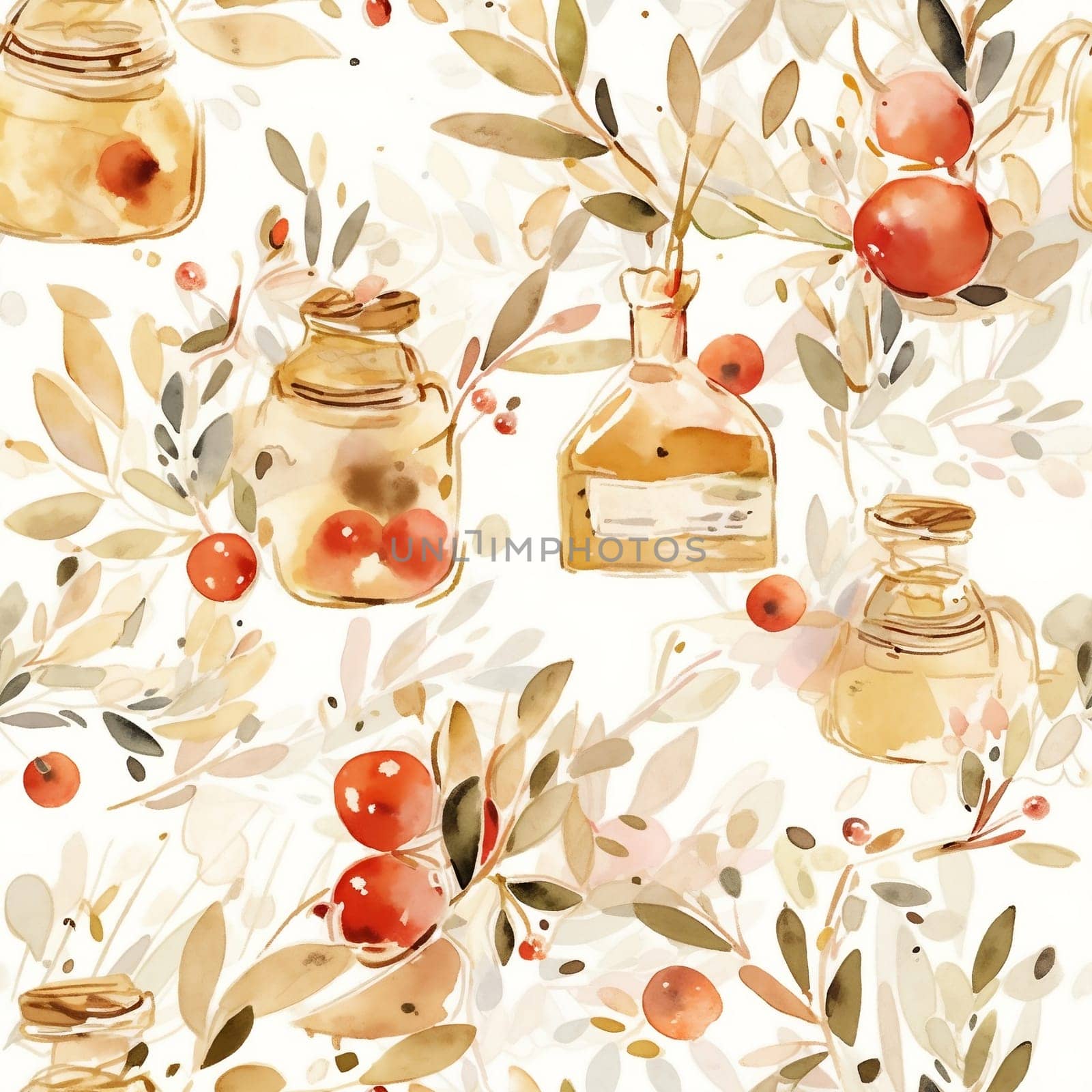 Olives seamless pattern color sketch style hand drawn background, olive branches with leaves on white background. Italian food. ai by maclura