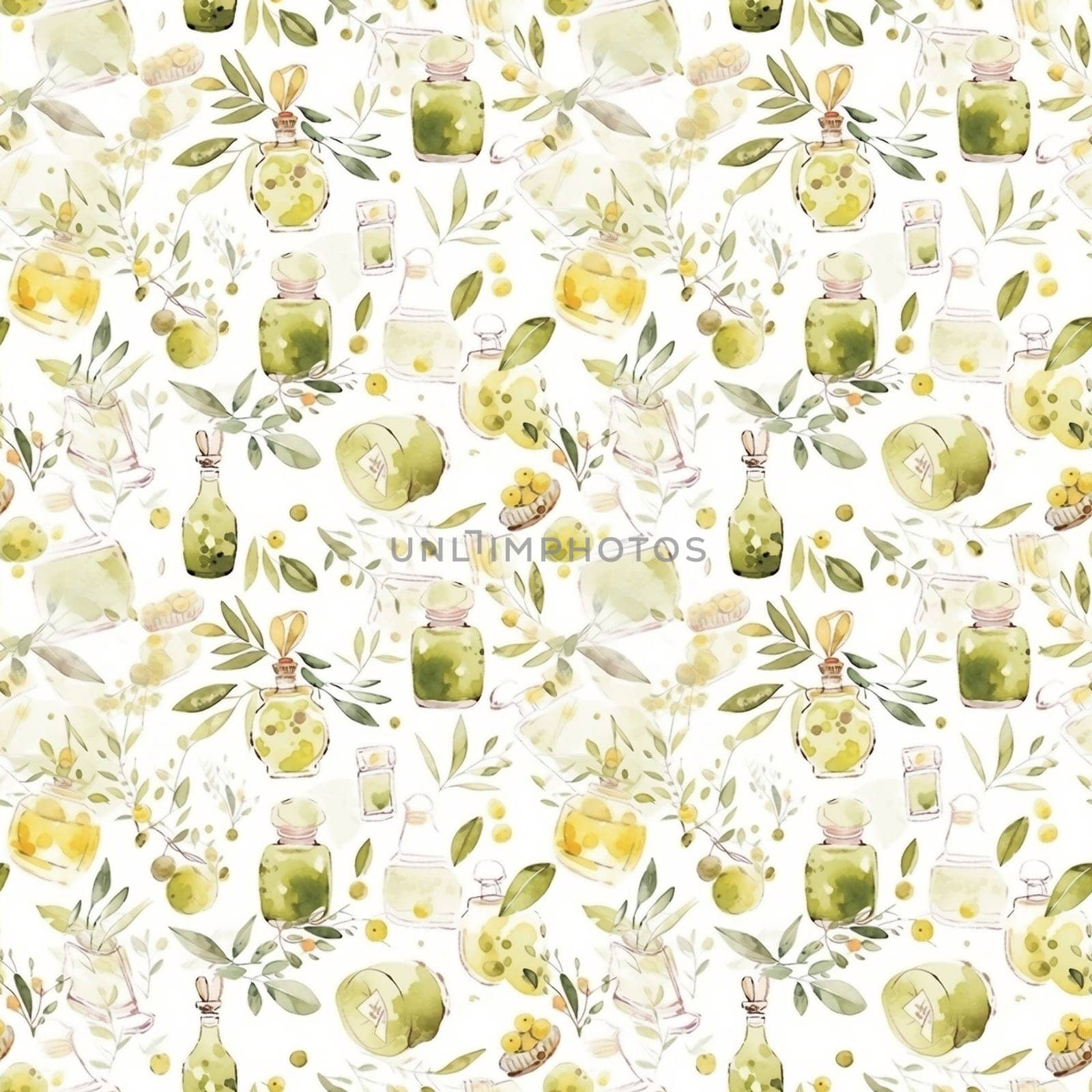 Olives seamless pattern color sketch style hand drawn background, olive branches with leaves on white background. Italian food. ai by maclura