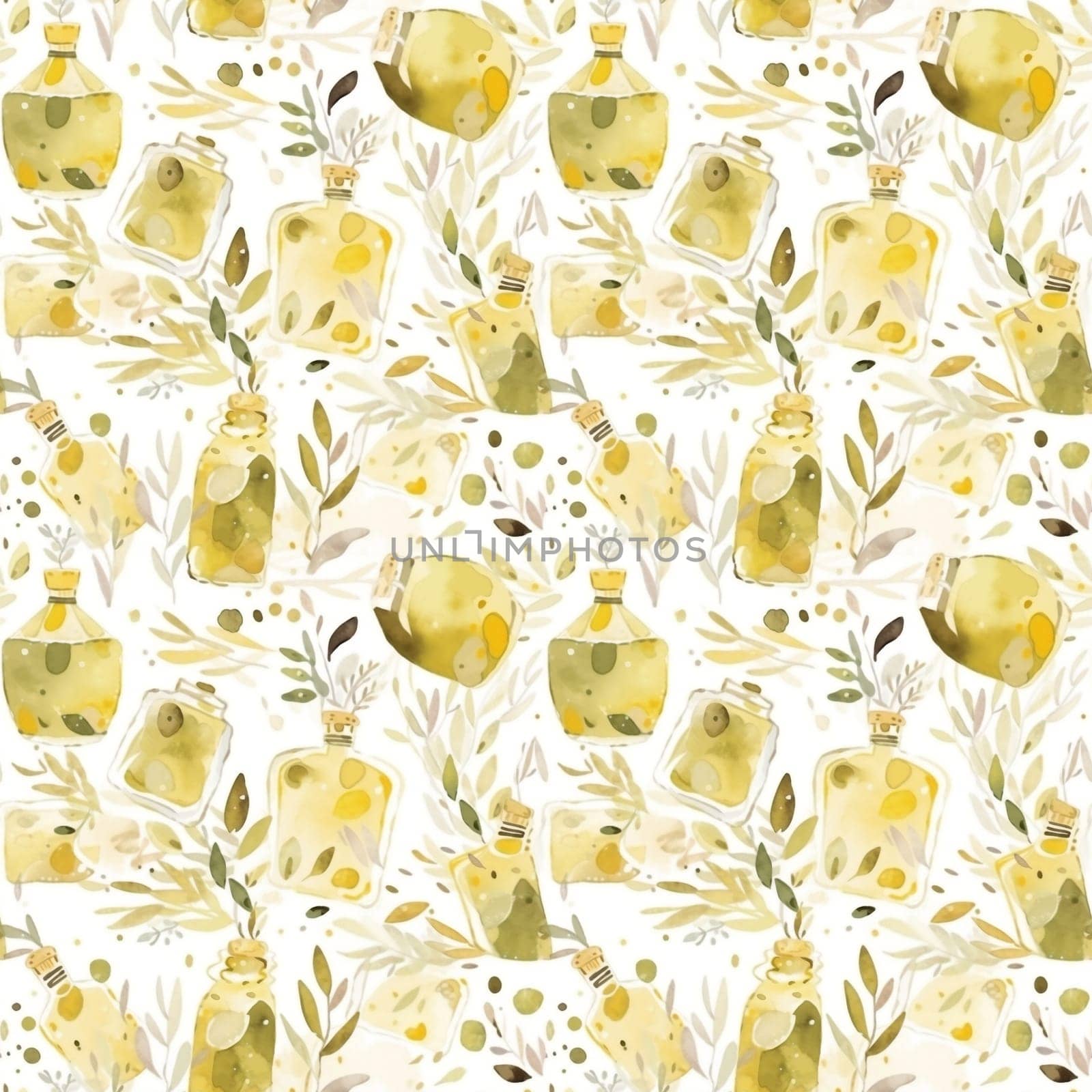 Olives seamless pattern color sketch style hand drawn background, olive branches with leaves on white background. Italian food. ai by maclura