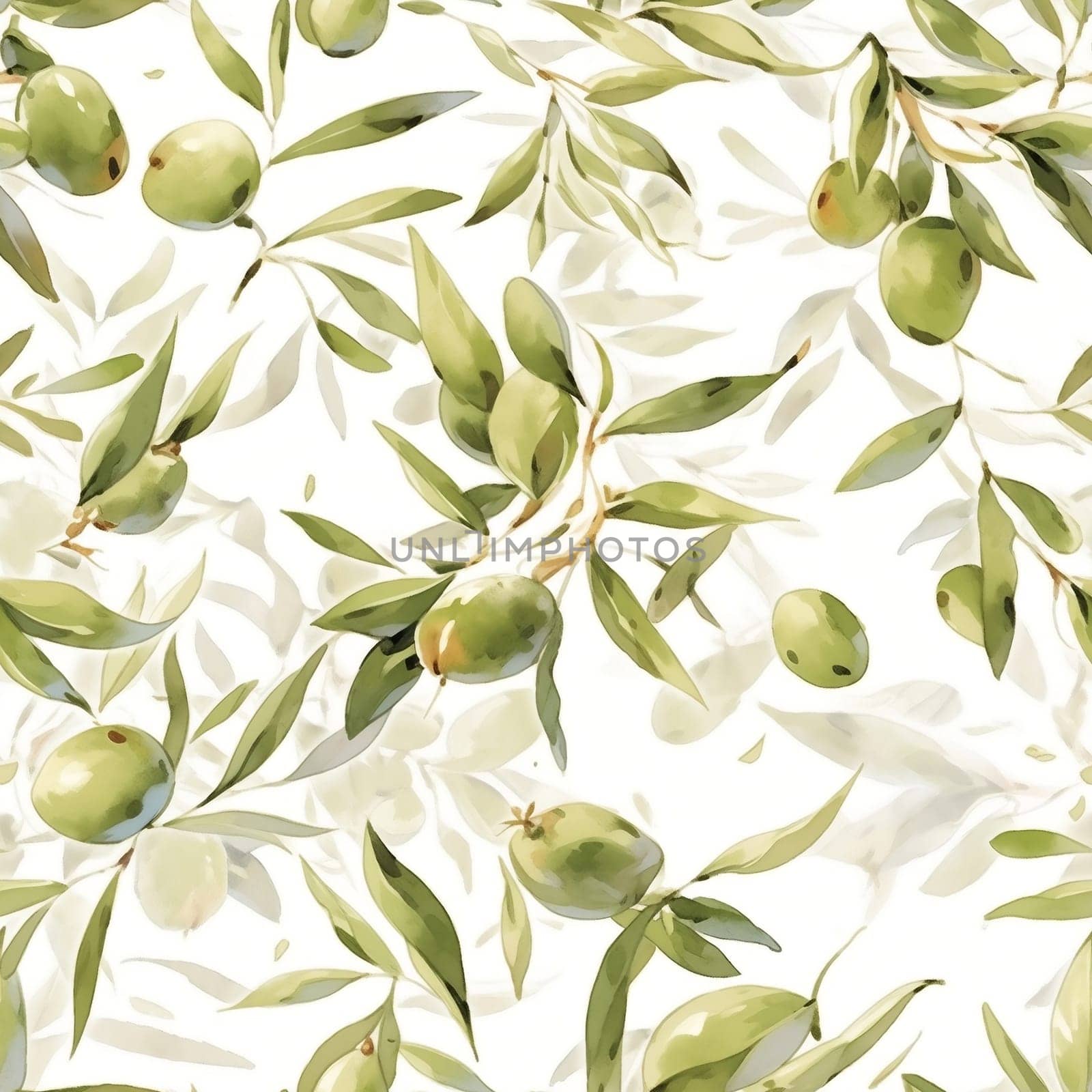 Olives seamless pattern color sketch style hand-drawn background, olive branches with leaves on white background. Italian food. ai