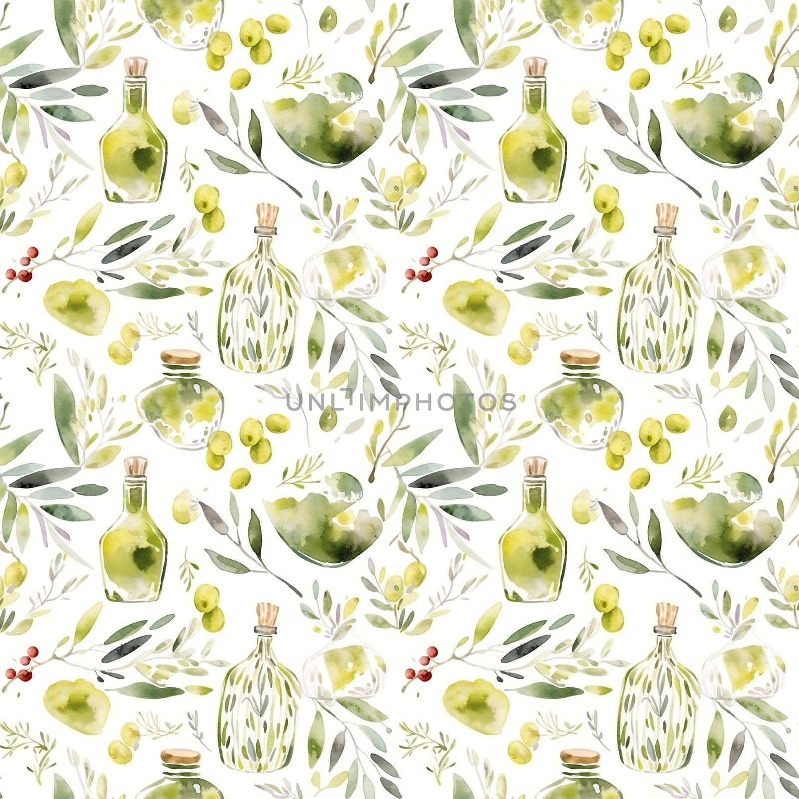 Olives seamless pattern color sketch style hand-drawn background, olive branches with leaves on white background. Italian food. ai