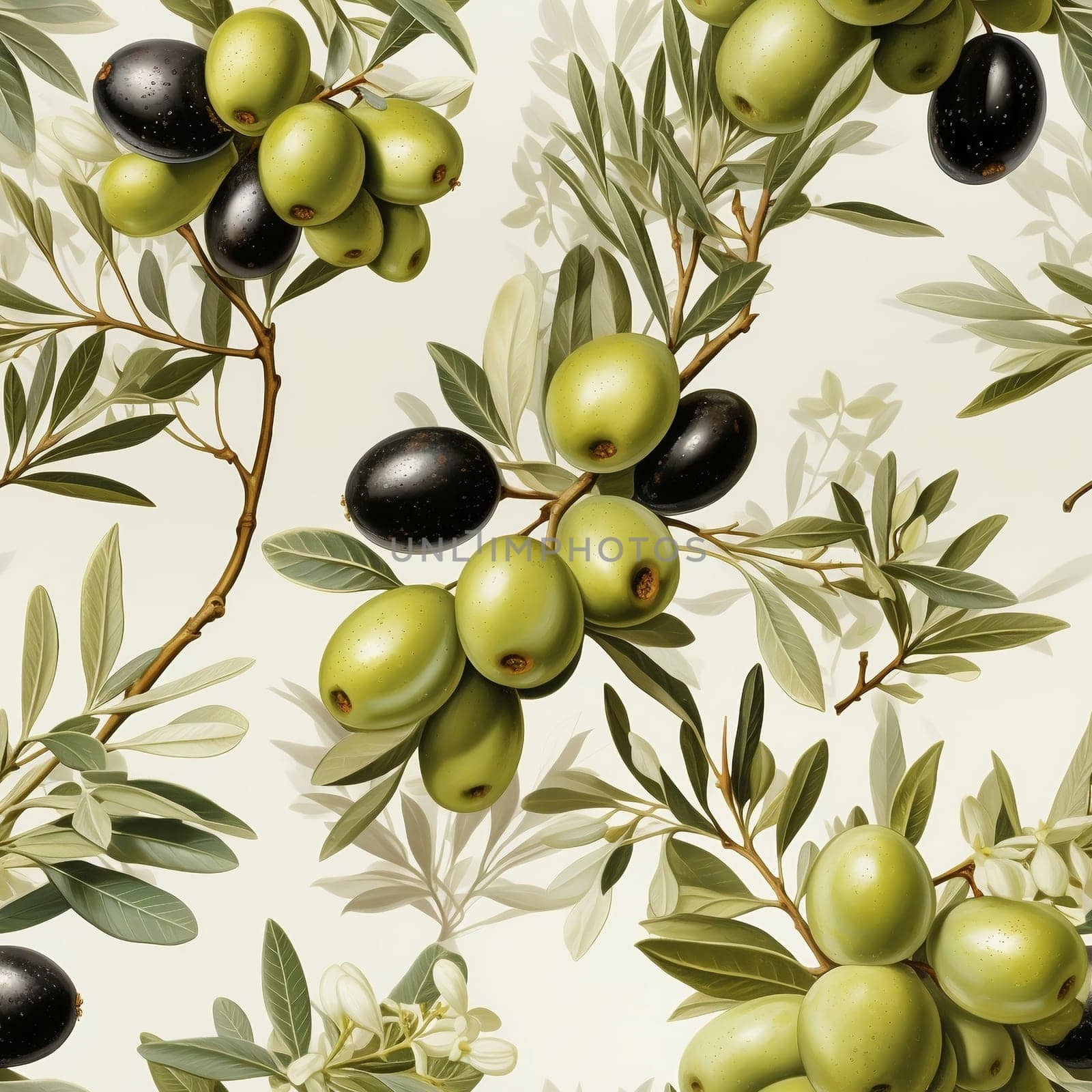 Olives seamless pattern color sketch style hand-drawn background, olive branches with leaves on white background. Italian food. ai