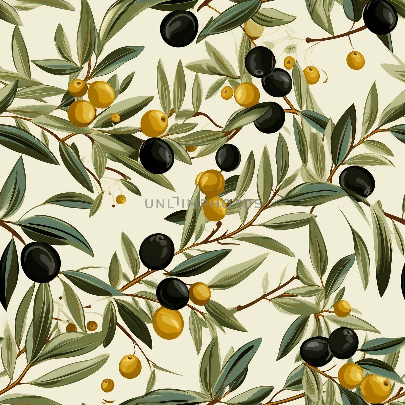 Olives seamless pattern color sketch style hand drawn background, olive branches with leaves on white background. Italian food. ai by maclura
