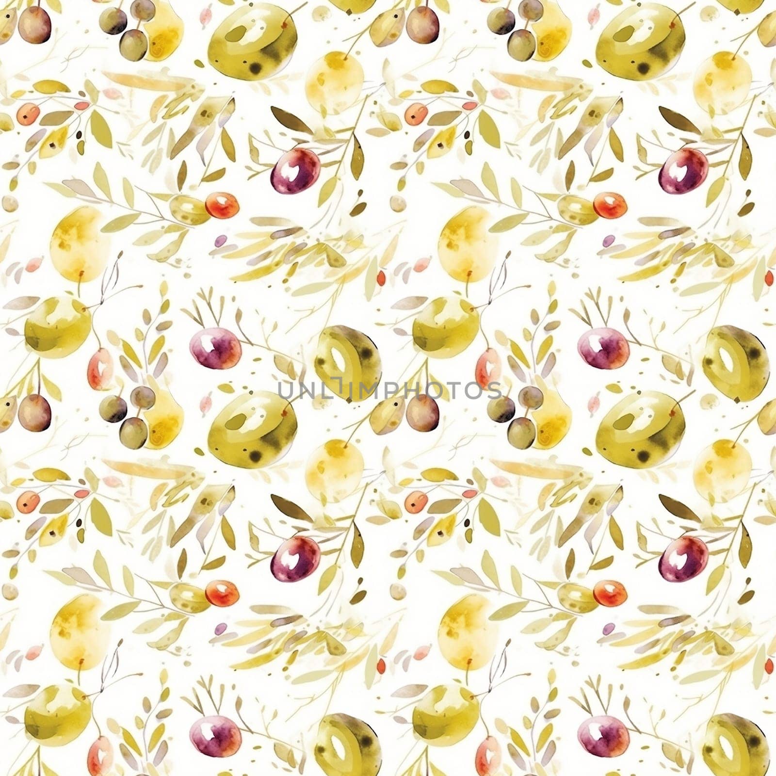 Olives seamless pattern color sketch style hand drawn background, olive branches with leaves on white background. Italian food. ai by maclura