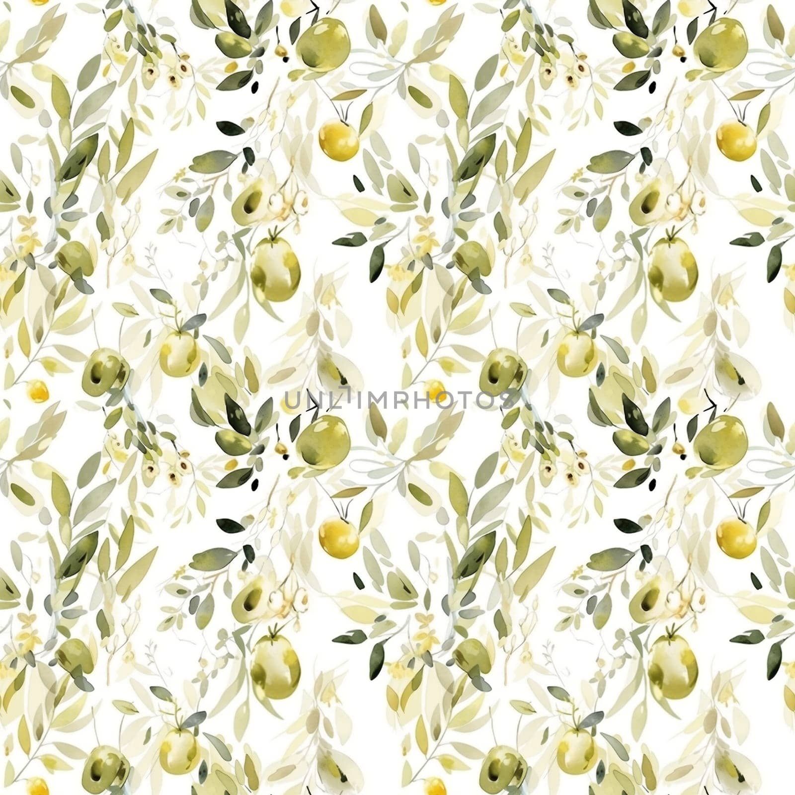 Olives seamless pattern color sketch style hand-drawn background, olive branches with leaves on white background. Italian food. ai