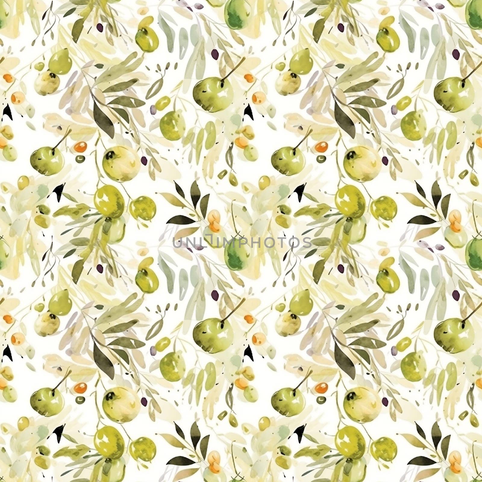 Olives seamless pattern color sketch style hand-drawn background, olive branches with leaves on white background. Italian food. ai