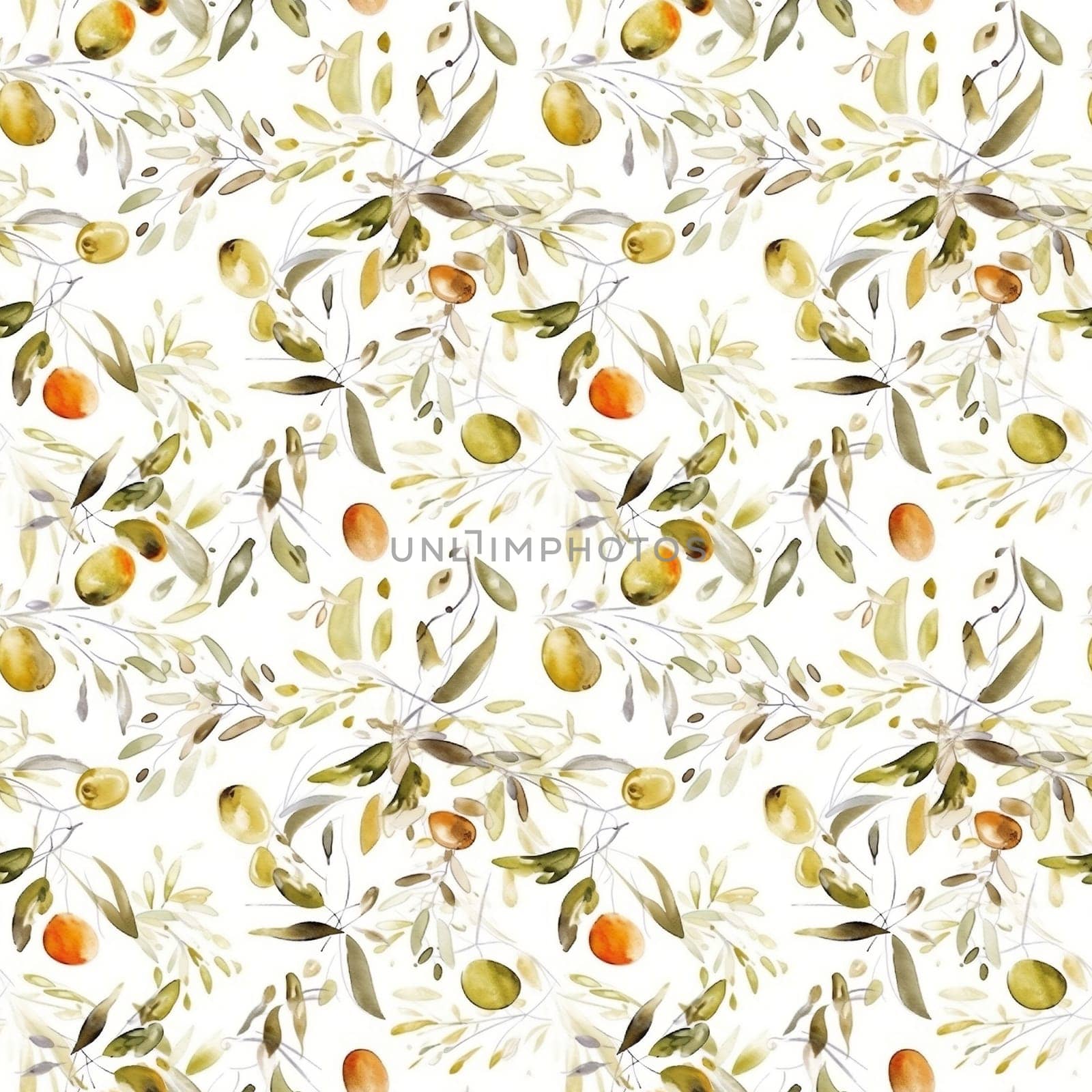 Olives seamless pattern color sketch style hand-drawn background, olive branches with leaves on white background. Italian food. ai