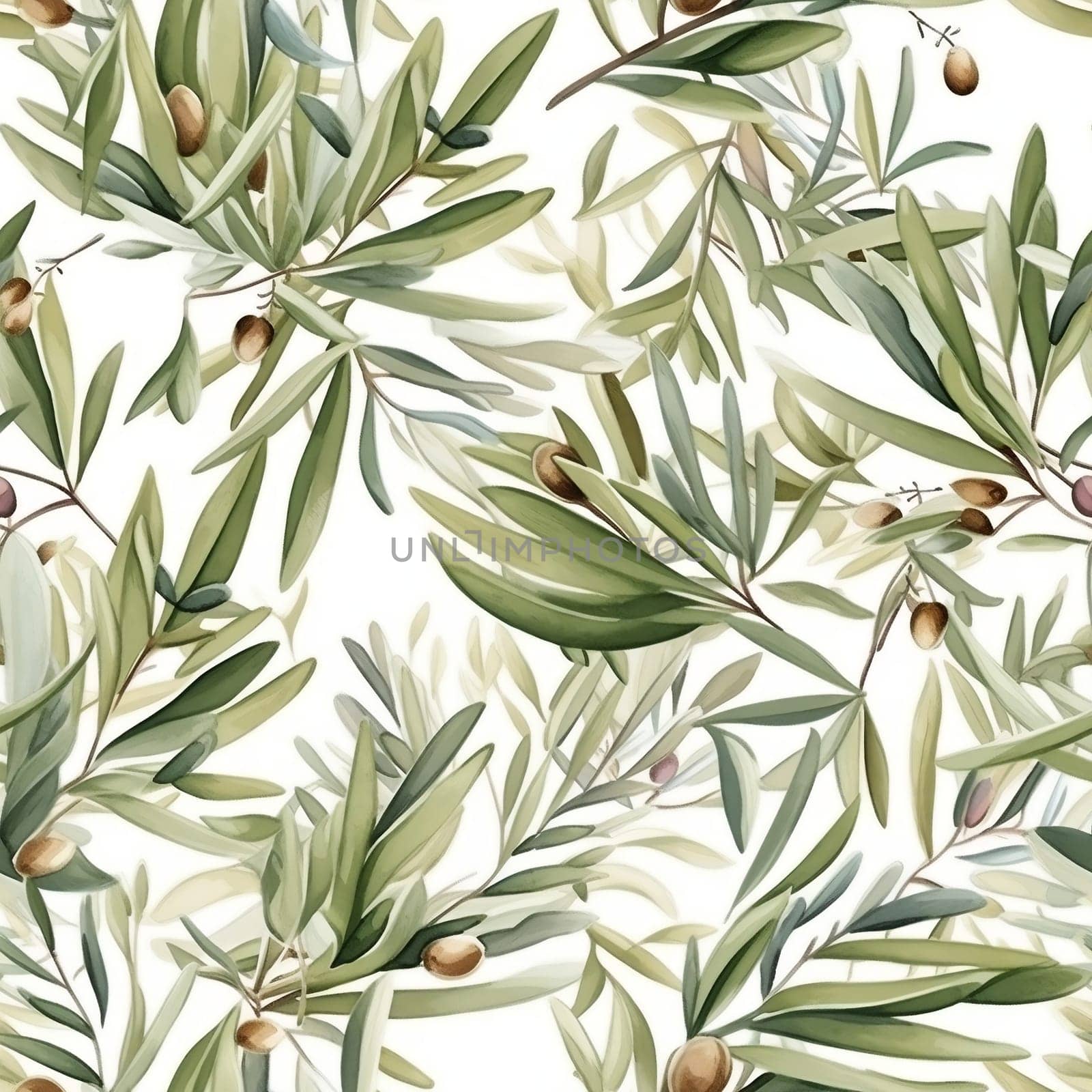 Olives seamless pattern color sketch style hand-drawn background, olive branches with leaves on white background. Italian food. ai