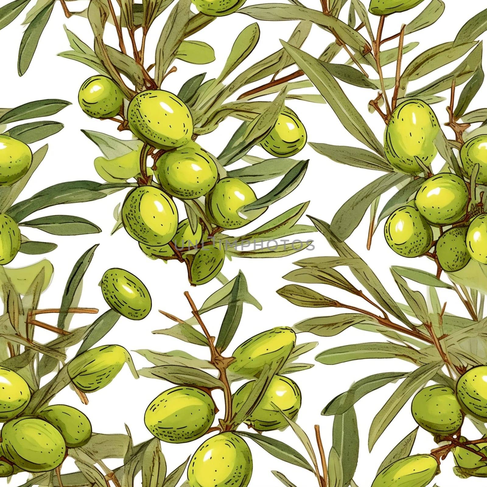 Olives seamless pattern color sketch style hand drawn background, olive branches with leaves on white background. Italian food. ai by maclura