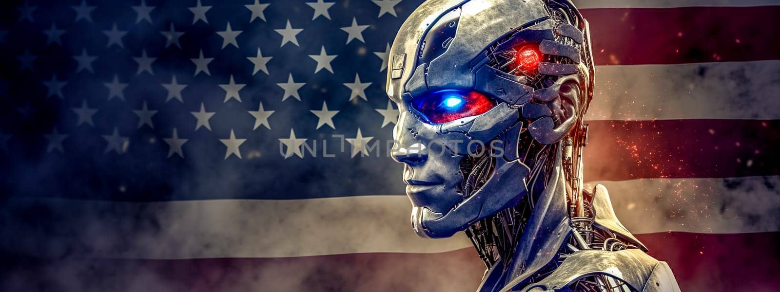 robot and american flag, made with Generative AI. High quality illustration